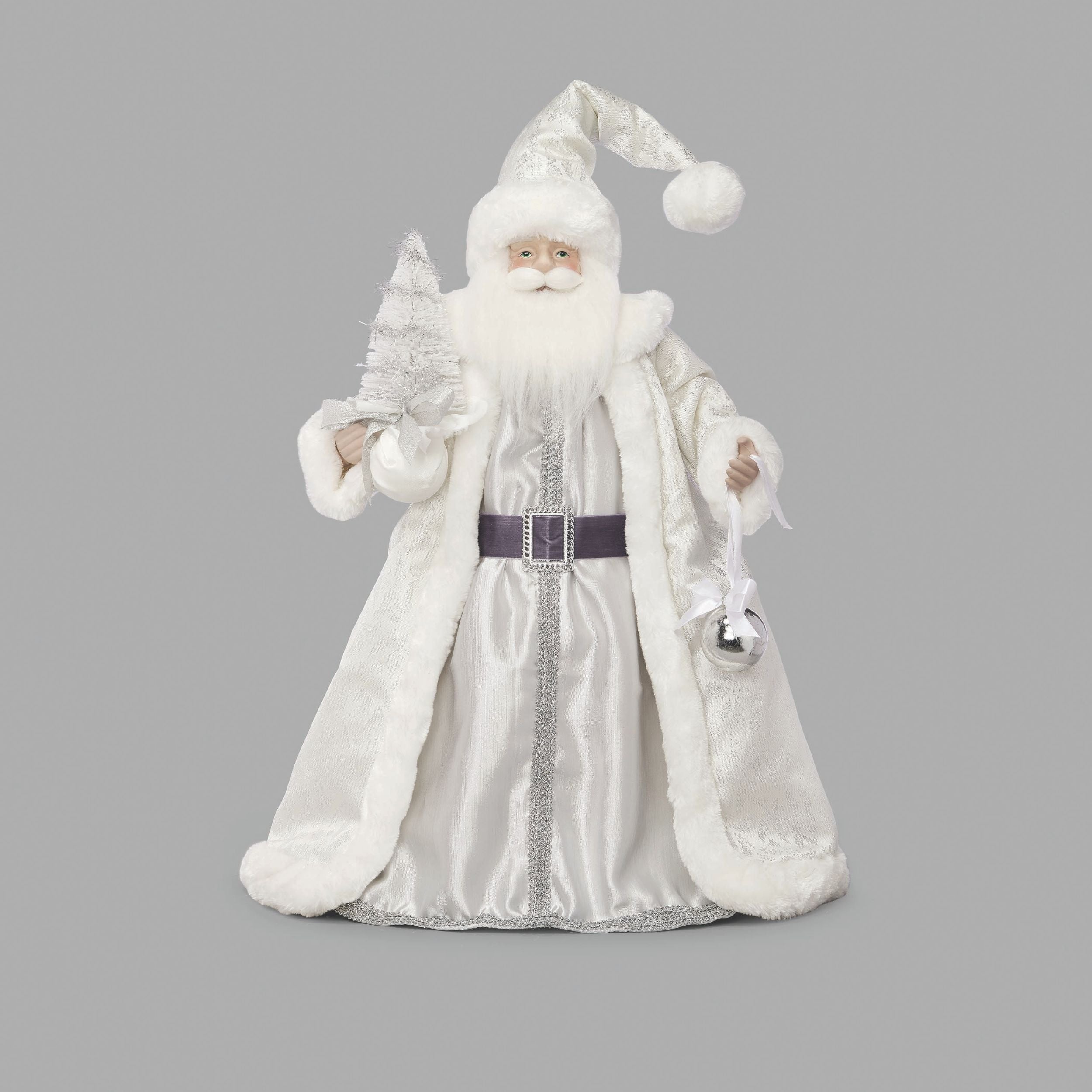 Decorative figure of a bearded man in a white costume with a purple belt on a gray background
