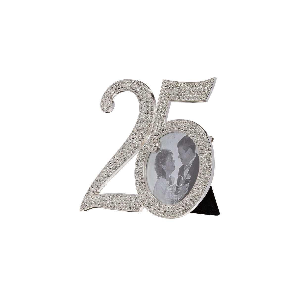 Angled front view of rhinestone “25” frame showing the circular photo opening and black easel stand.