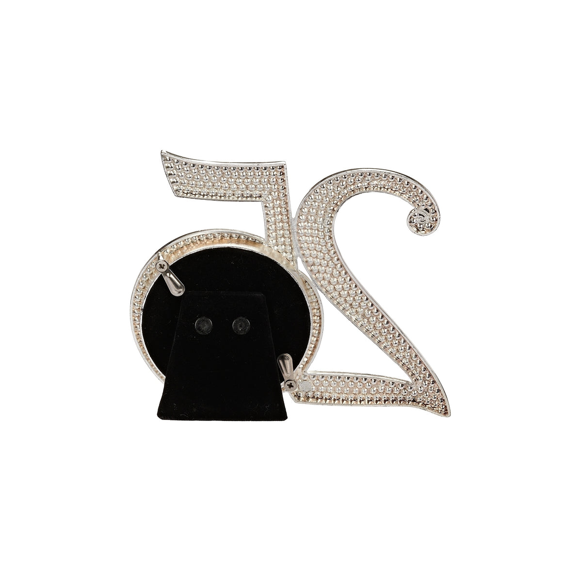Rear view of “25” anniversary frame showing the circular black photo backing and fold-out stand.