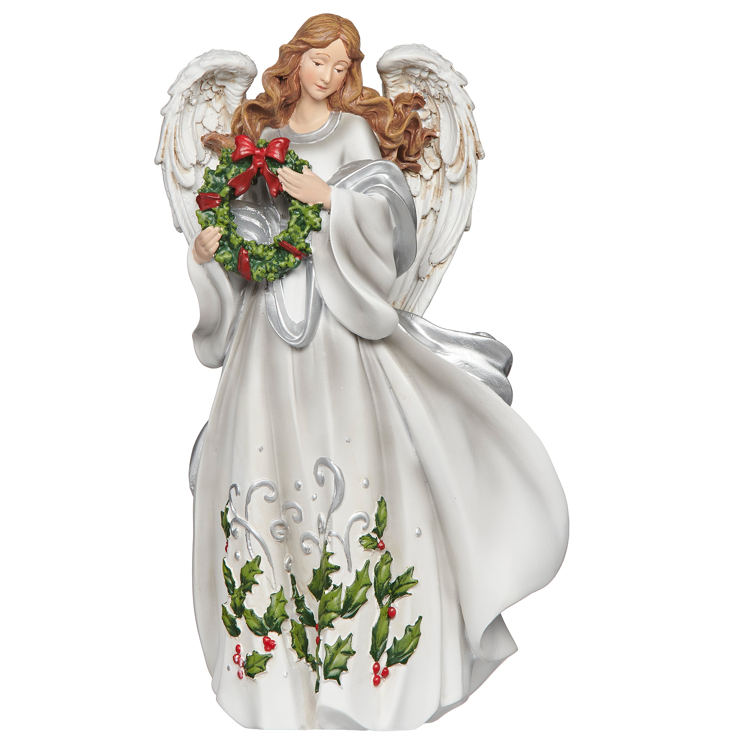 Holly Berry Angel Holding Wreath Figure
