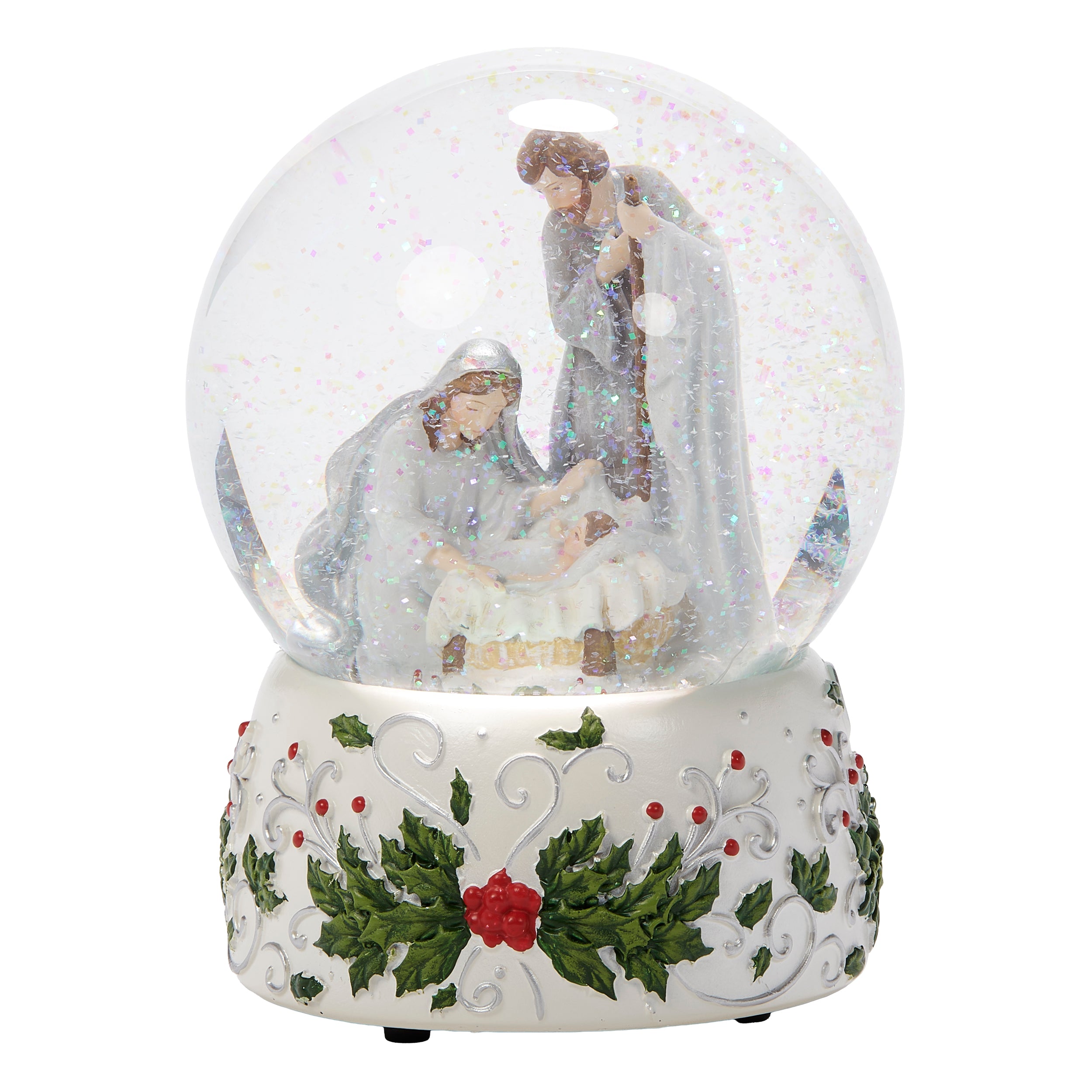 Glitterdome Holy Family with Holly Berry Silver Swirl - "Silent Night" Tune