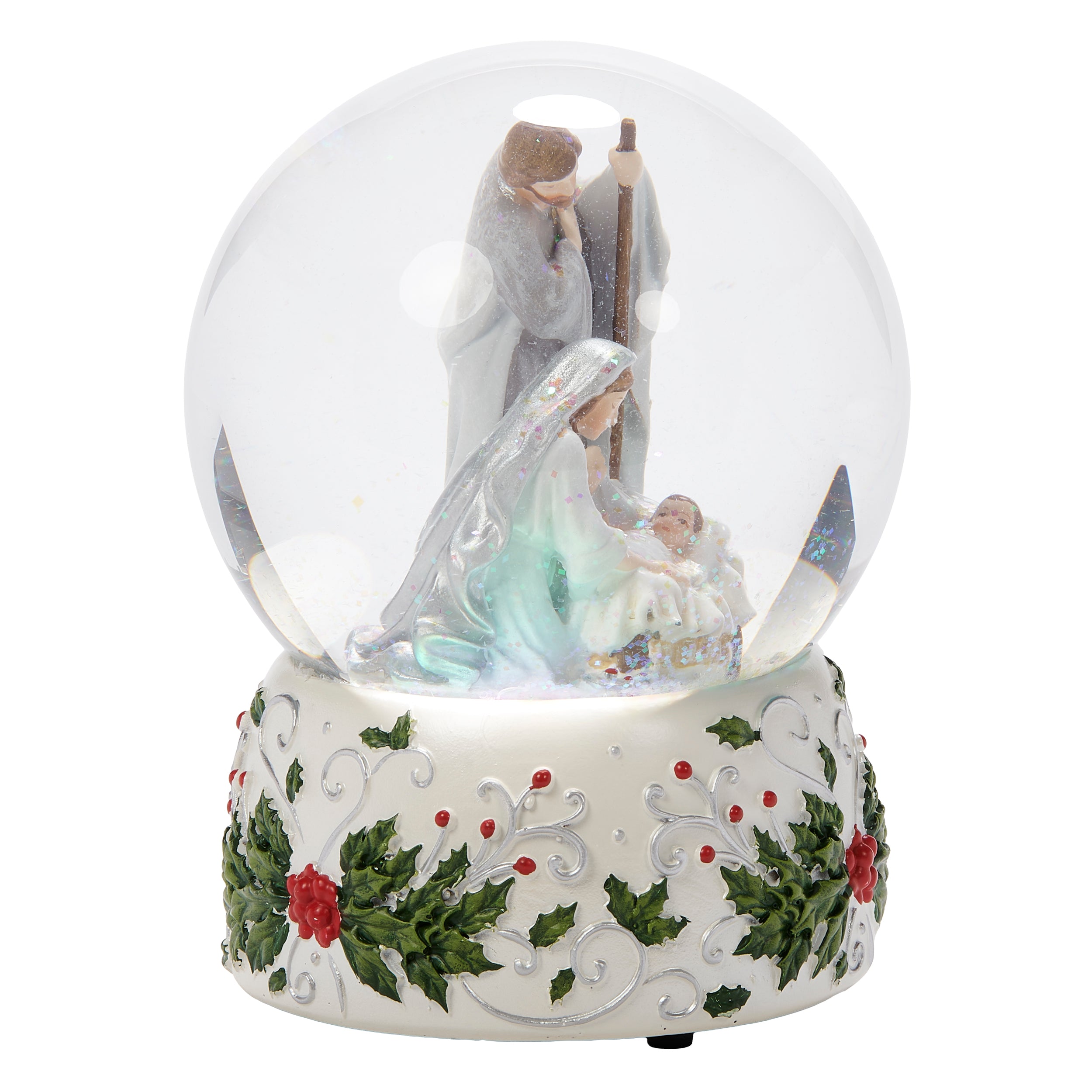 Glitterdome Holy Family with Holly Berry Silver Swirl - "Silent Night" Tune