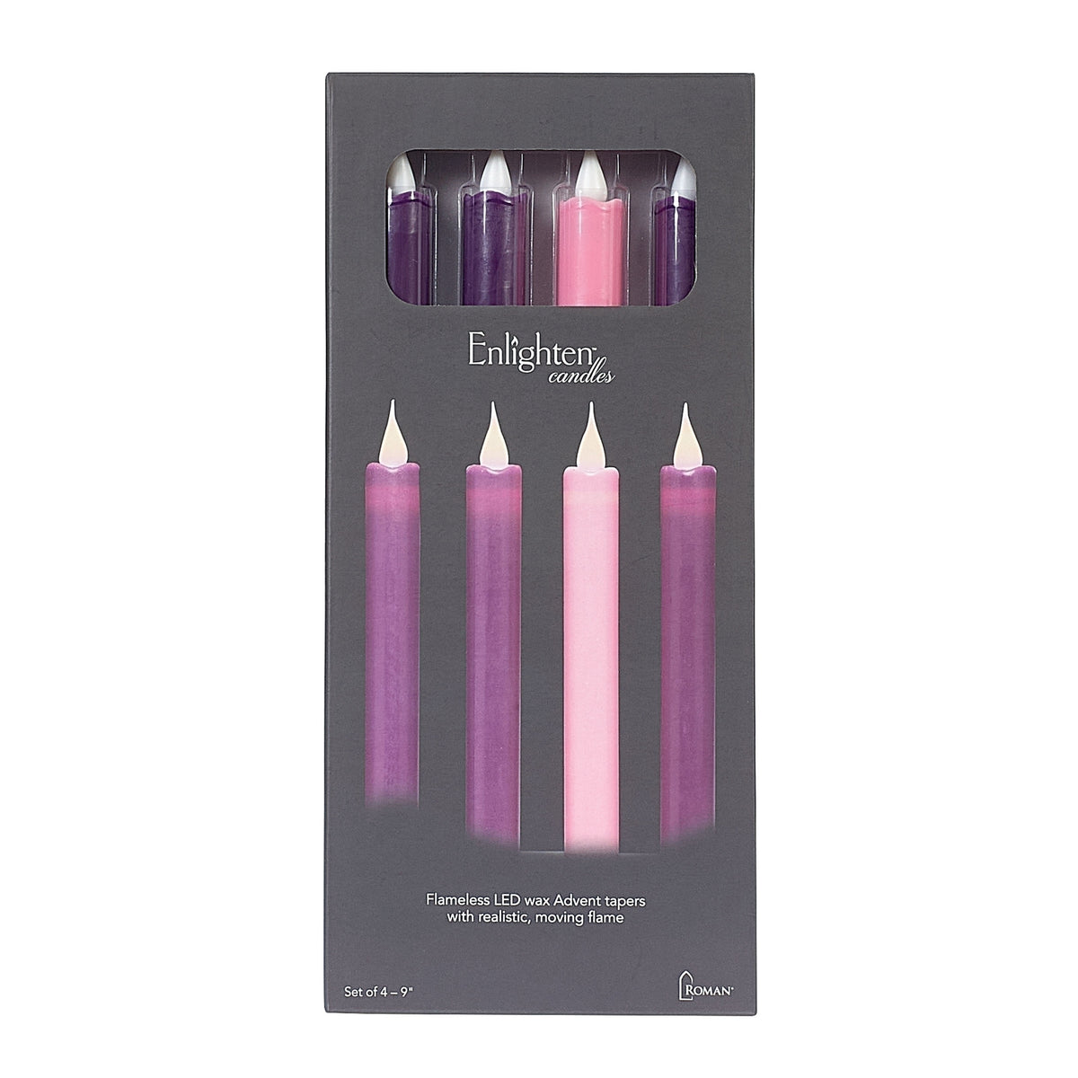 Flameless Advent candle set in a dark retail box displaying three purple candles and one pink candle.