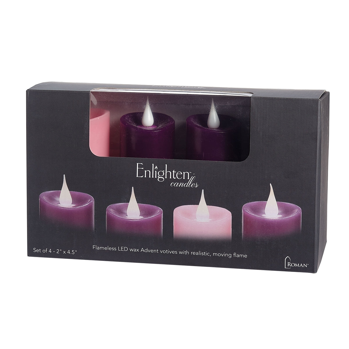 Flameless Advent votive candle set in a dark window box featuring images of the four candles.