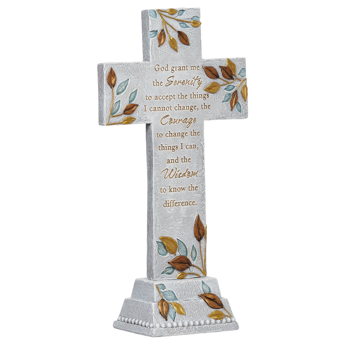 Angled front view of Serenity Prayer cross showing the prayer lettering and raised leaf details.