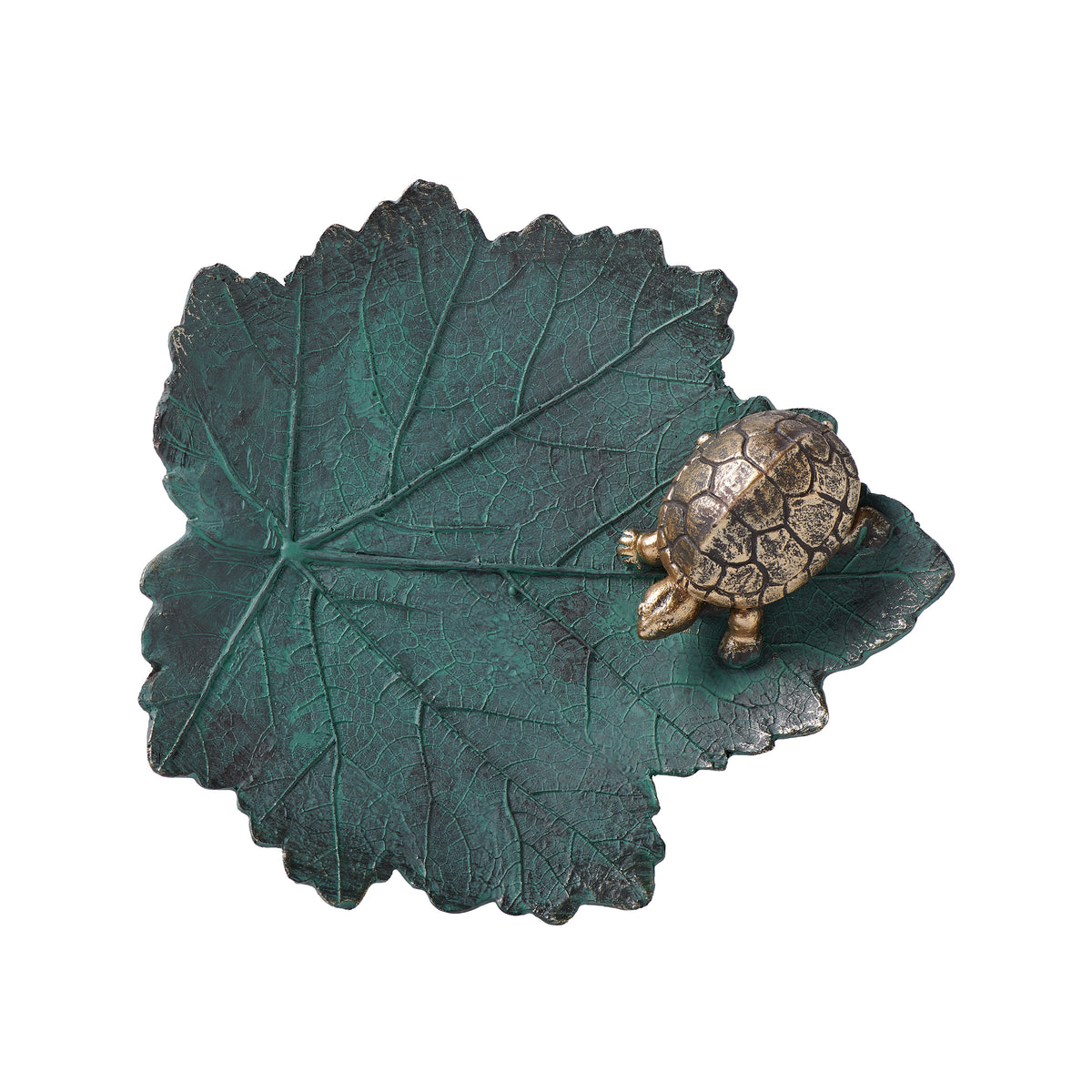 Top view of Leaf Bird Feeder with Turtle showing the textured leaf design and turtle resting along the edge