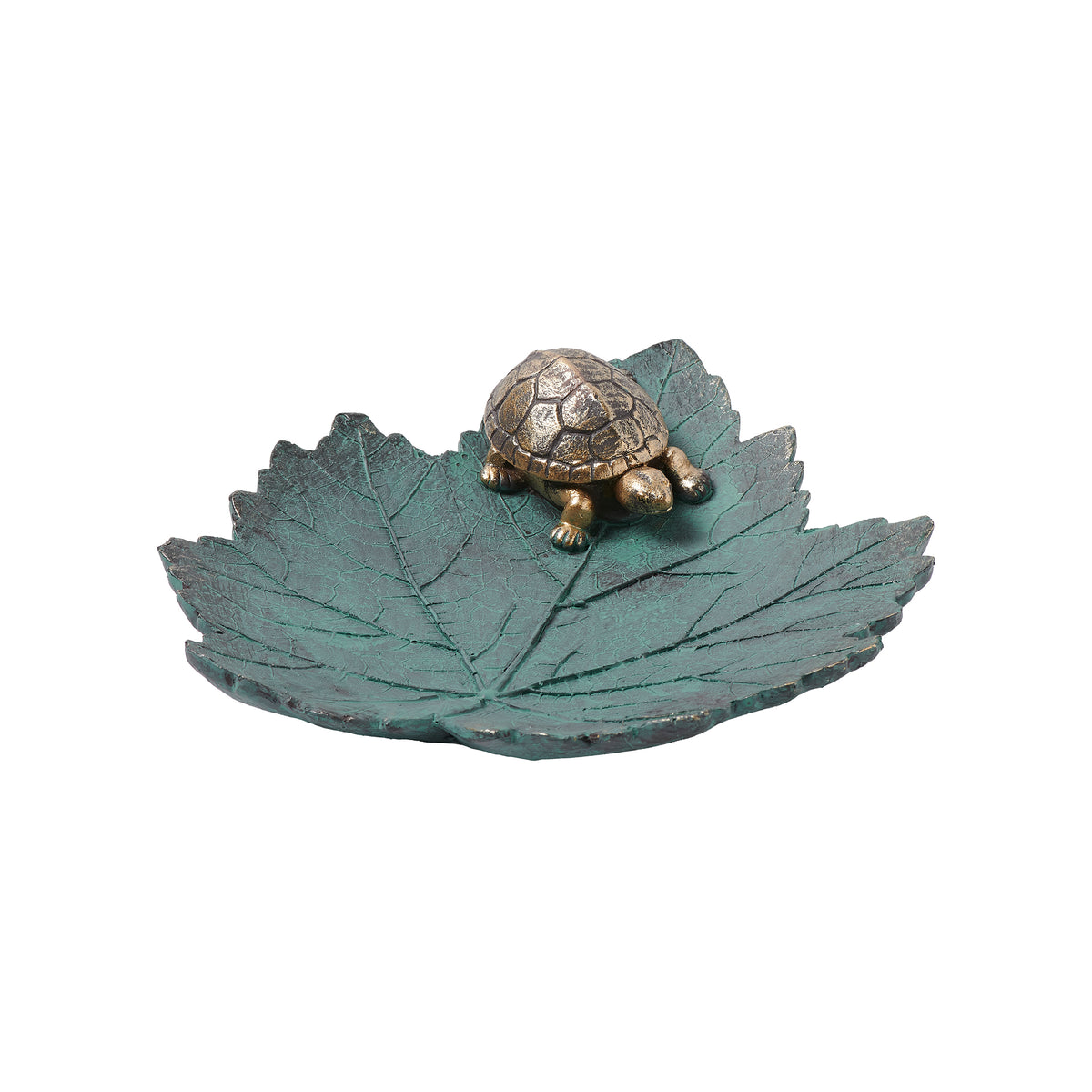 Front angled view of Leaf Bird Feeder with Turtle showing the shallow leaf-shaped feeder and sculpted turtle accent