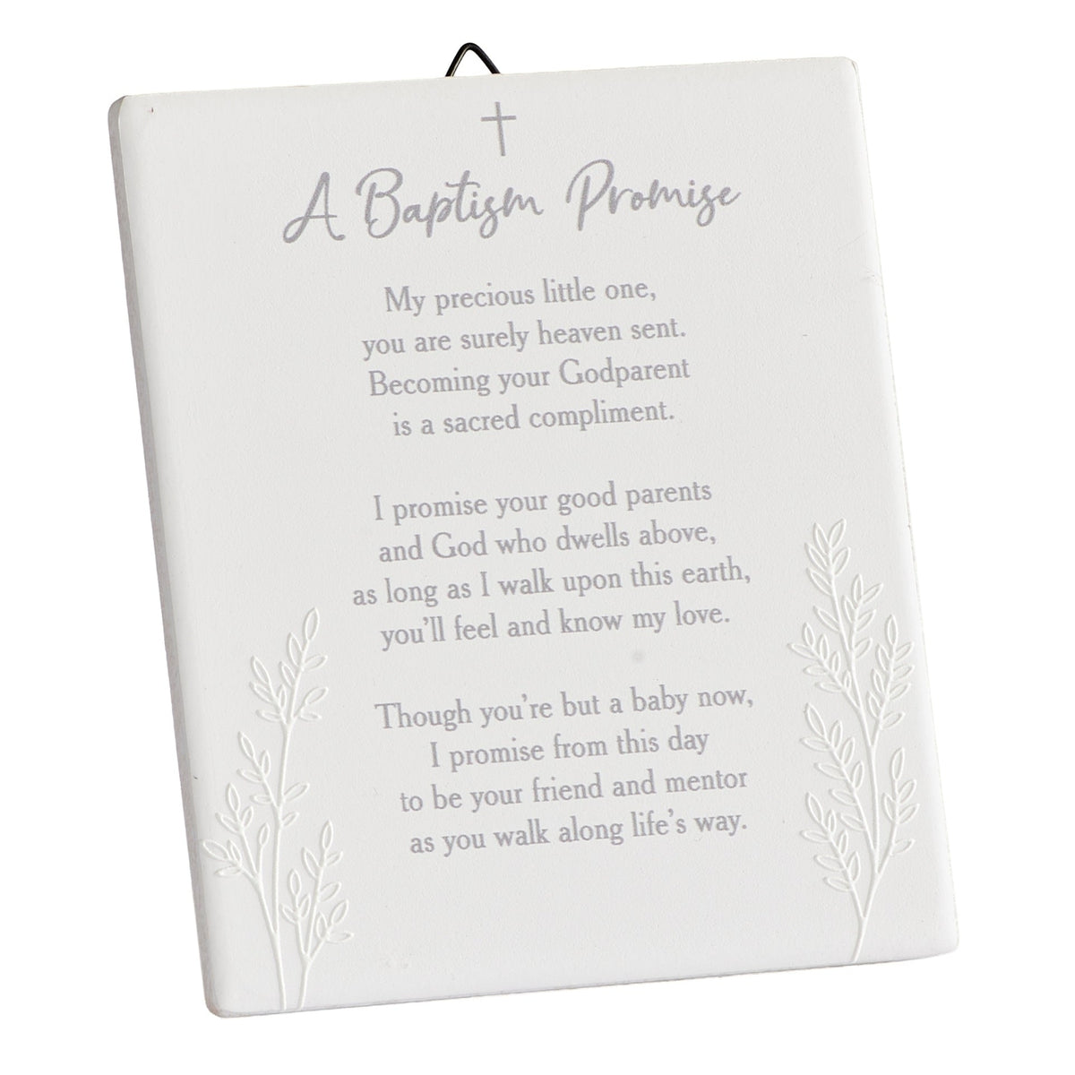 Front view of Godparent's Baptism Promise Tabletop Plaque showing the full baptism promise text, small cross, and delicate botanical detailing