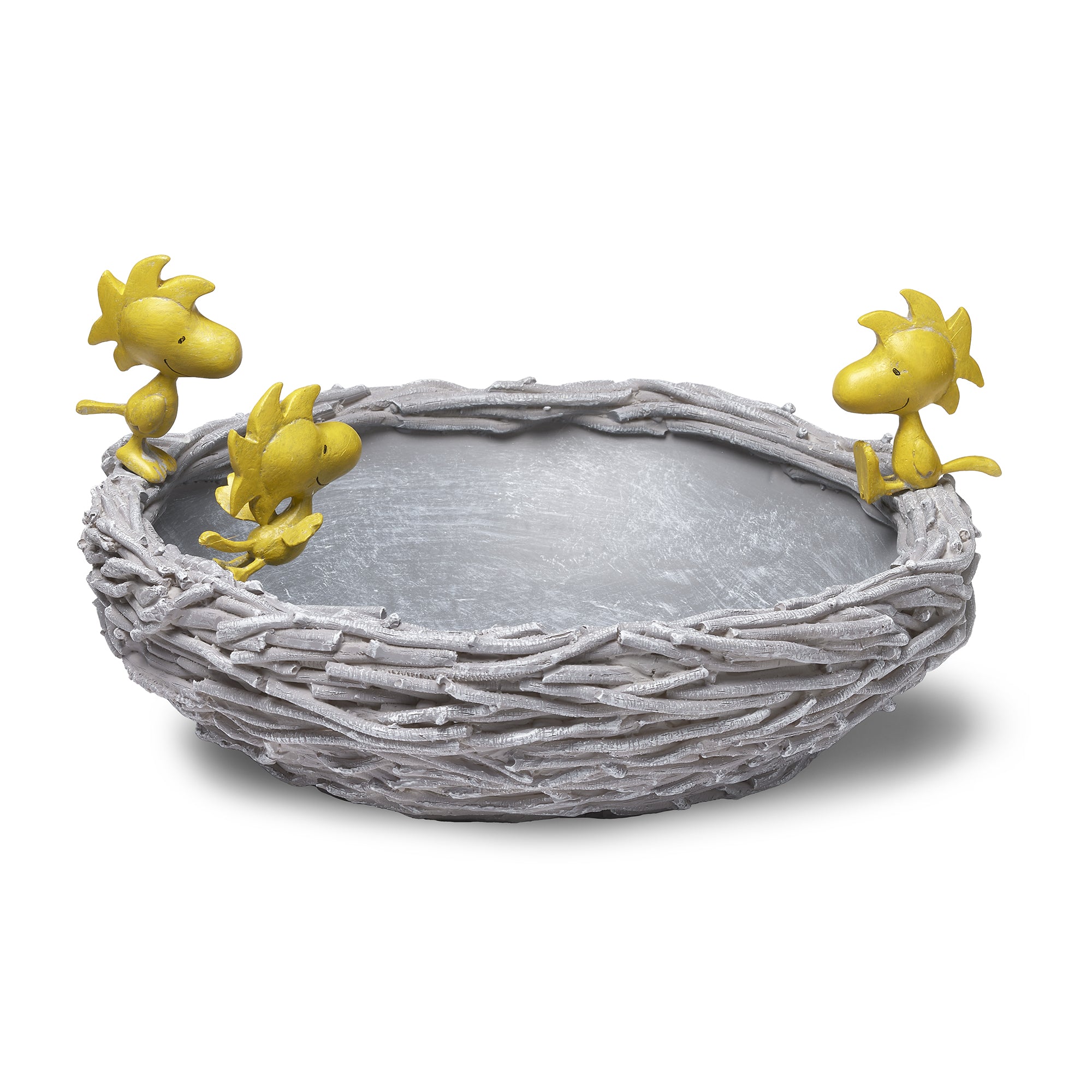 Bird bath set with wicker texture and small yellow woodstock birds