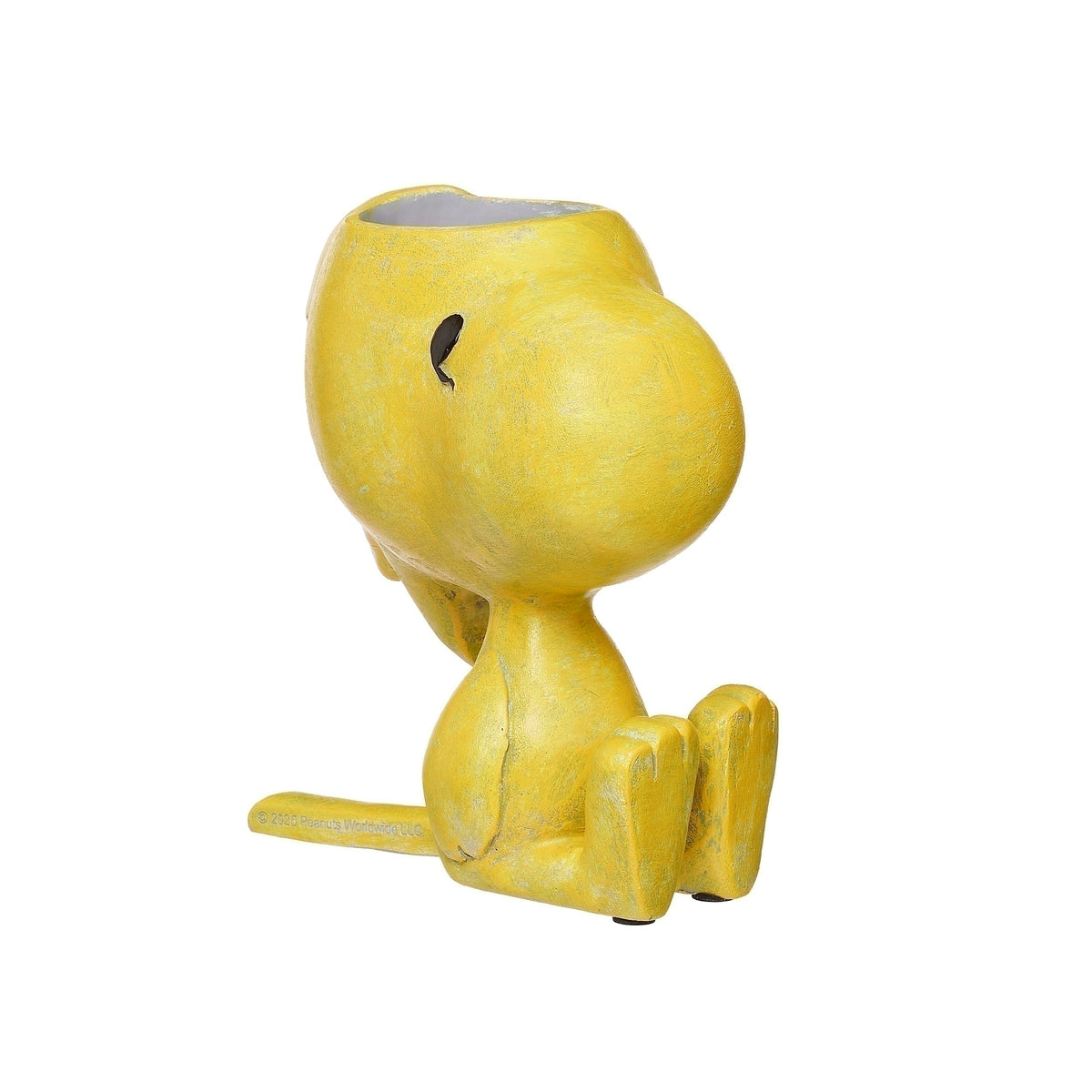 Front angled view of Peanuts Woodstock Planter showing Woodstock’s seated pose, yellow body, and open planter cavity