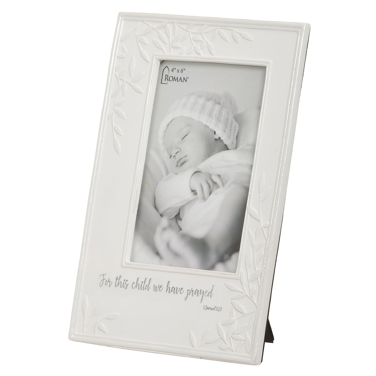Front angled view of “For This Child We Have Prayed” vertical picture frame showing the raised leaf border, scripture inscription, and photo opening