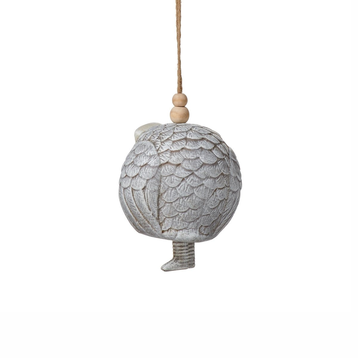 Back view of Pudgy Pals Owl Bell showing the layered feather texture and suspended bell