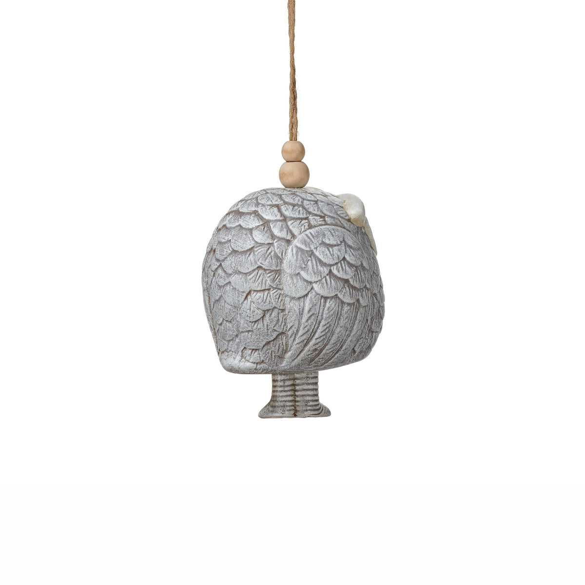 Opposite side view of Pudgy Pals Owl Bell showing the sculpted owl body and hanging bell