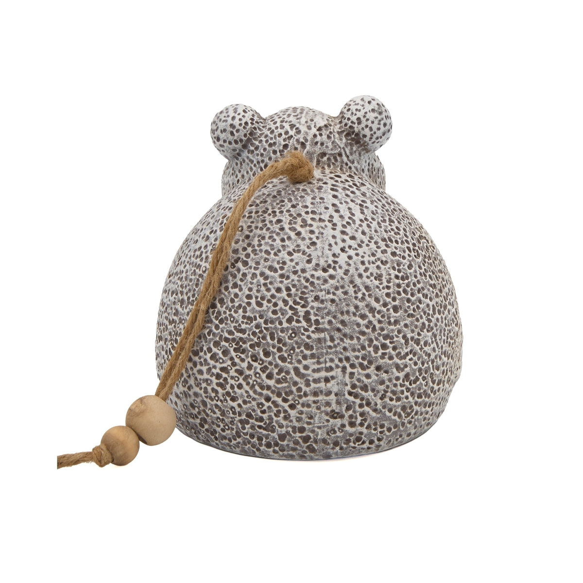 Back view of Pudgy Pals Frog Bell showing the rounded textured body and rustic hanging string