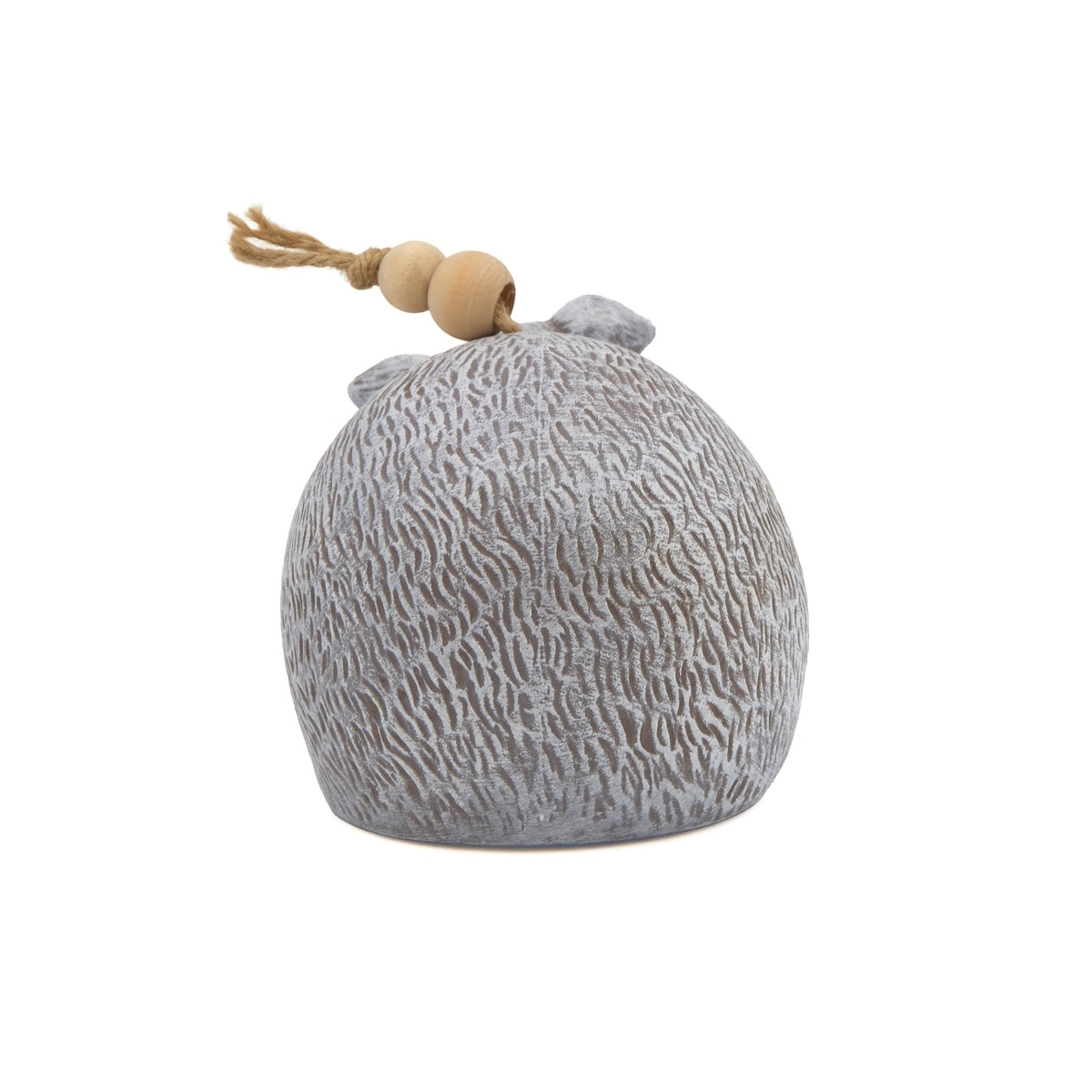 Back view of Pudgy Pals Pig Bell showing the rounded textured body and wooden bead hanger