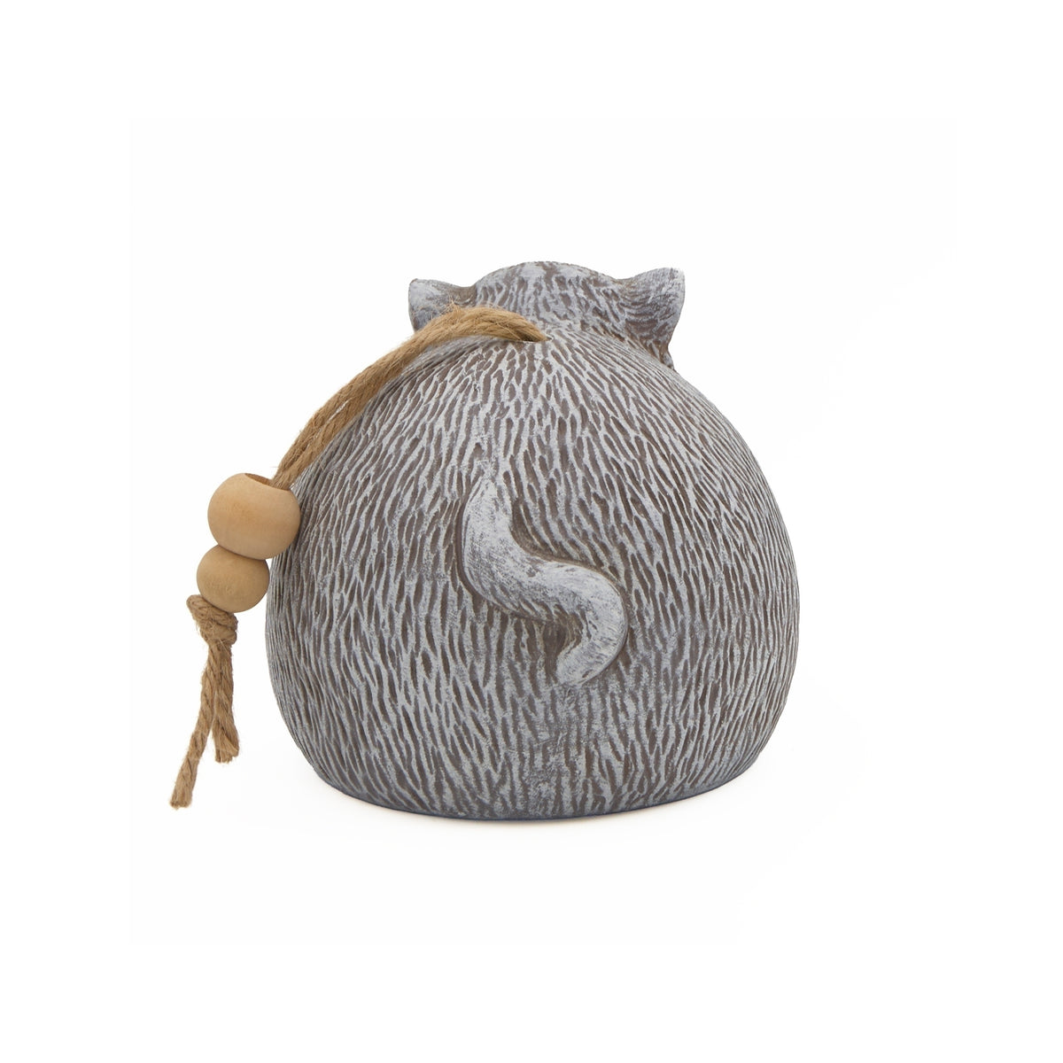 Back view of Pudgy Pals Cat Bell showing the rounded gray cat body, curled tail, wooden beads, and hanging bell