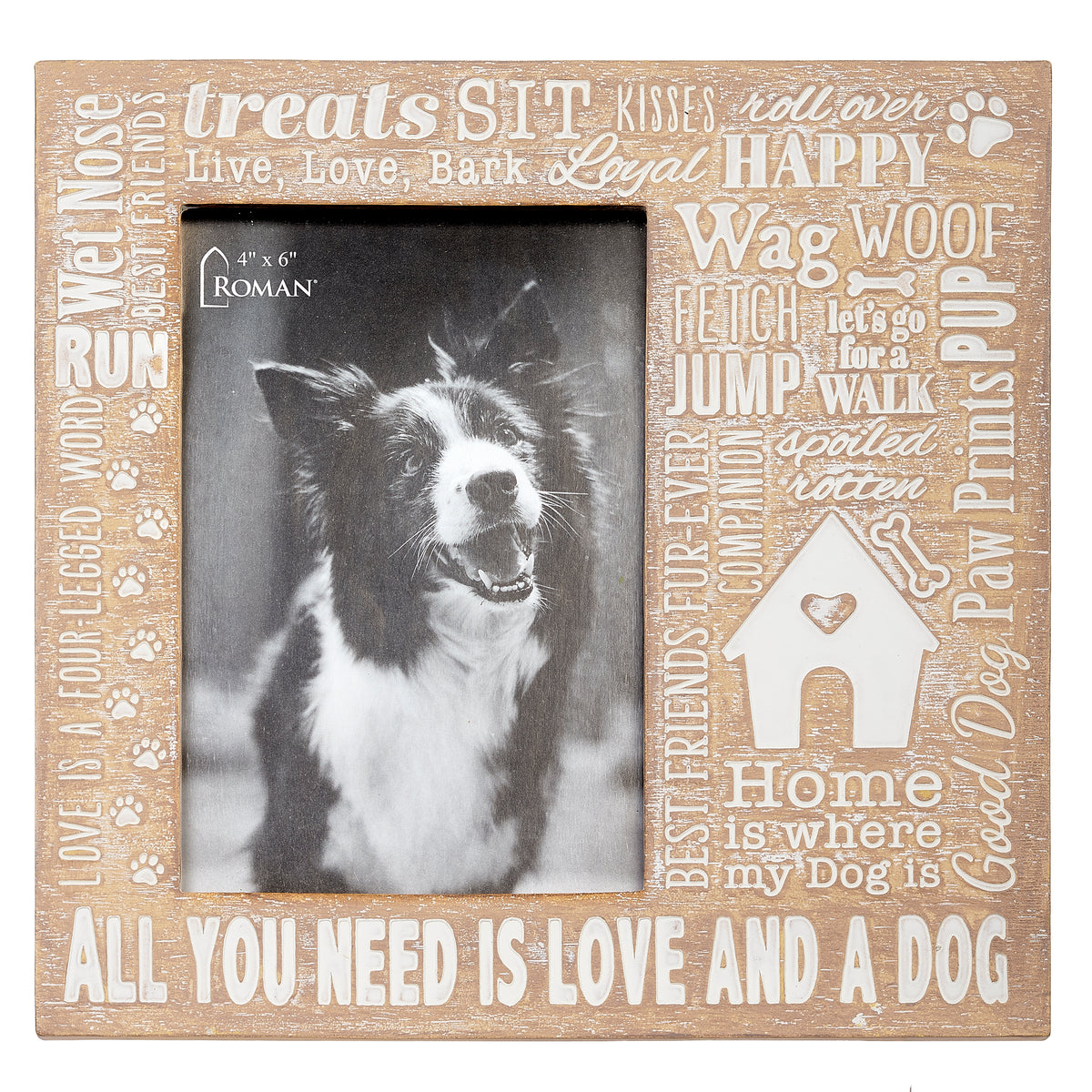 Front view of "All You Need Is Love and a Dog" Picture Frame showing the pet photo opening and dimensional dog-themed words