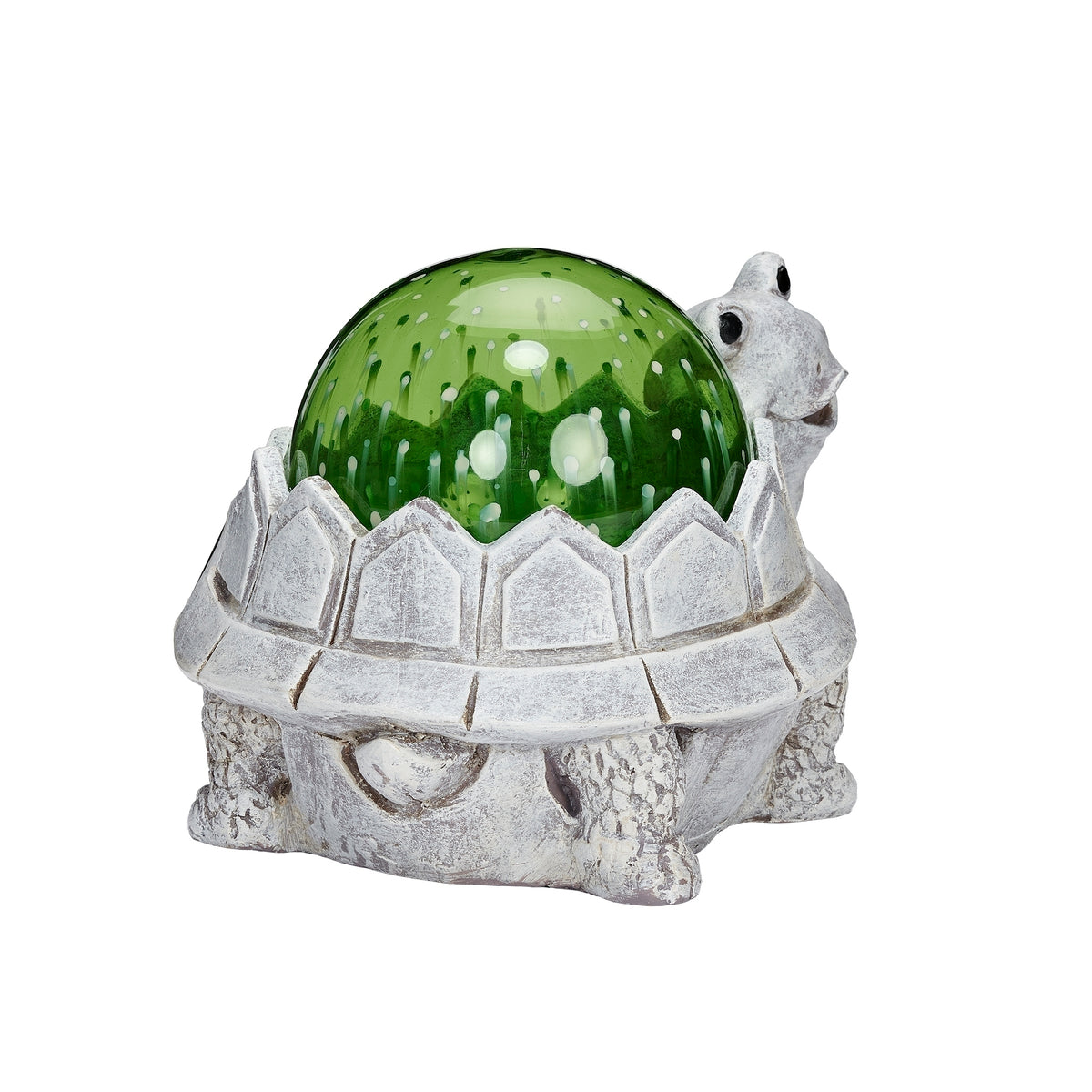 Side view of Pudgy Pals Solar-Powered Turtle Garden Statue showing the green solar dome and sculpted turtle shell