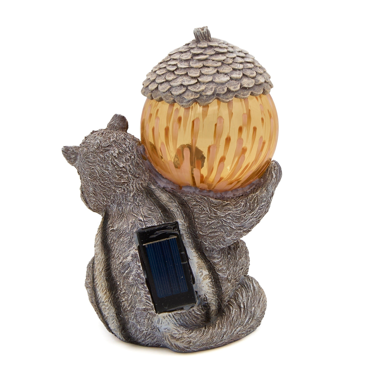 Back view of Pudgy Pals Solar-Powered Chipmunk Garden Statue showing the solar panel and large acorn light