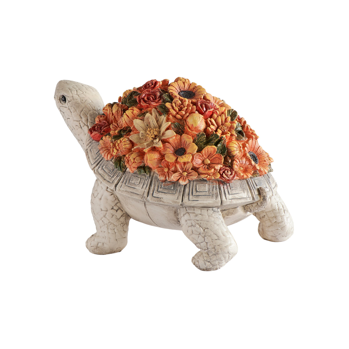 Turtle with floral shell decorative garden sculpture side view