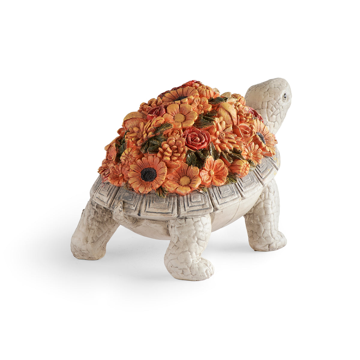 Turtle with Flower Shell garden statue rear angled view