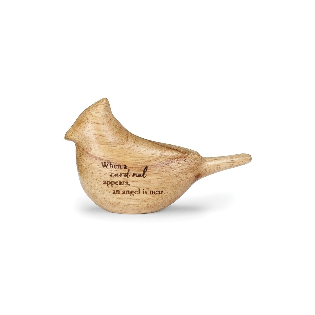 Side view of Wooden Comfort Cardinal showing the carved bird shape, natural wood finish, and engraved memorial message