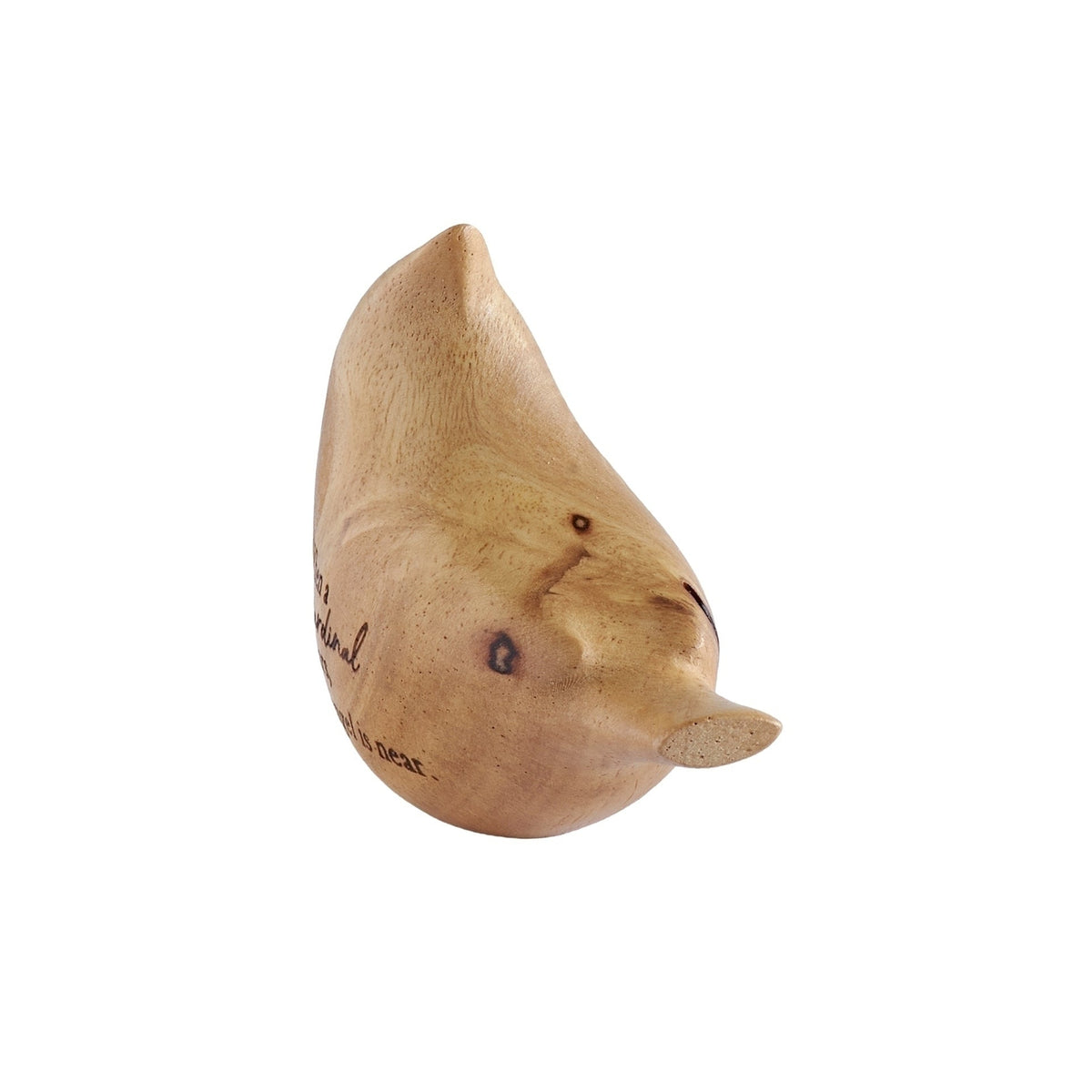 Front angled view of Wooden Comfort Cardinal showing the carved head, rounded body, and wood-grain texture