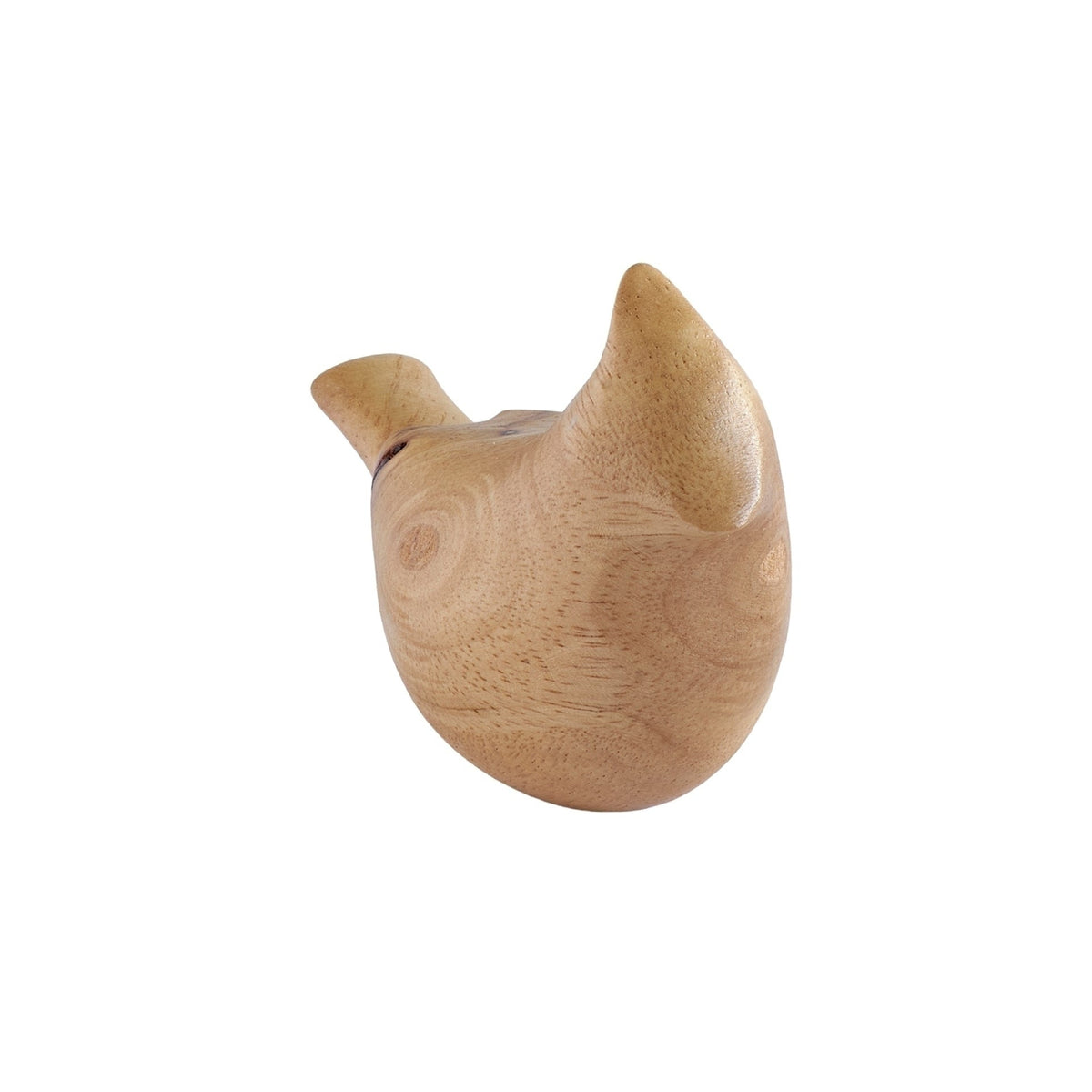 Back view of Wooden Comfort Cardinal showing the rounded carved body and natural wood-grain texture