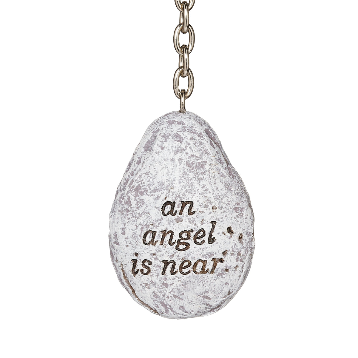 Close-up of reverse windchime charm inscribed with "an angel is near"