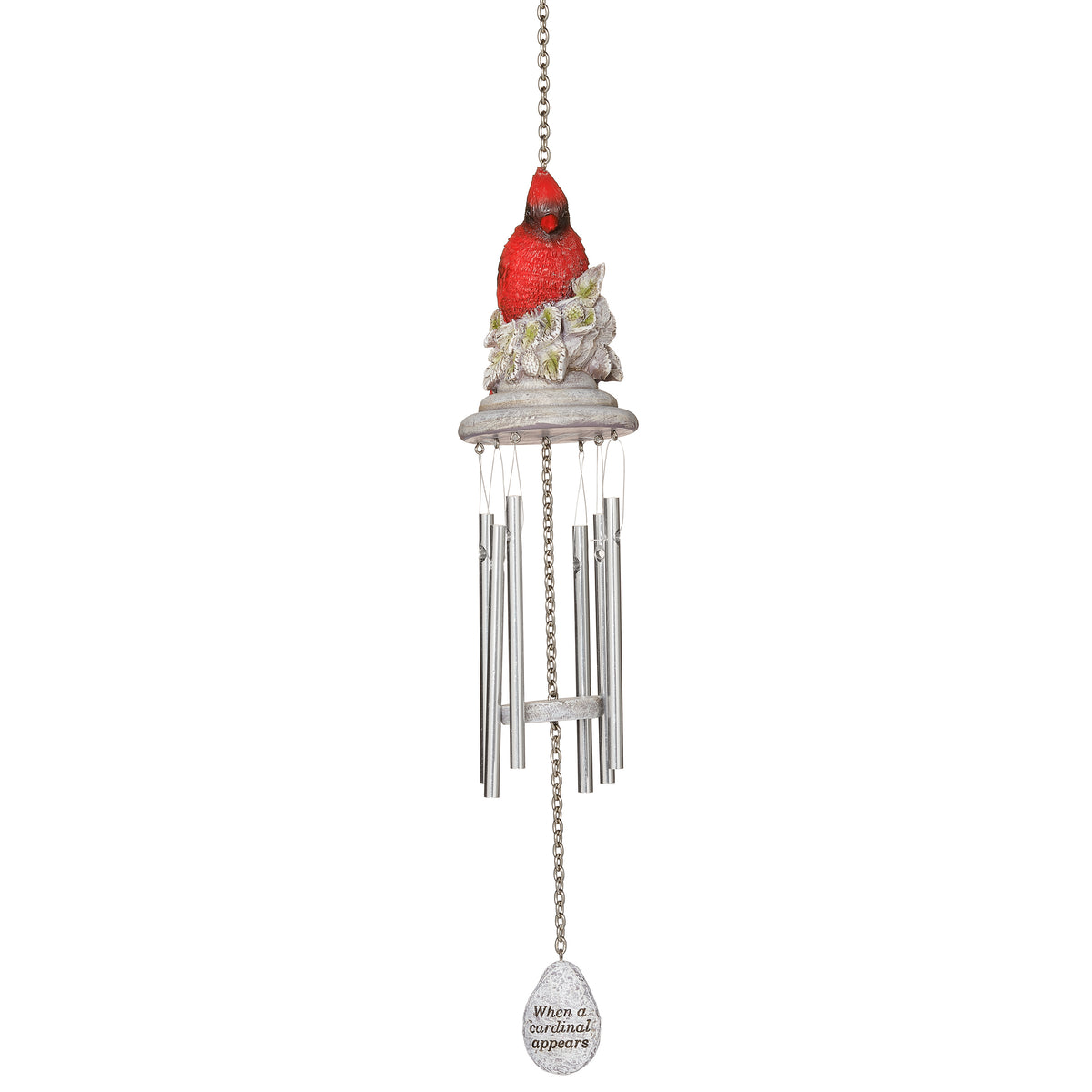 Front view of When a Cardinal Appears Memorial Windchime showing the red cardinal, decorative topper, and silver chimes
