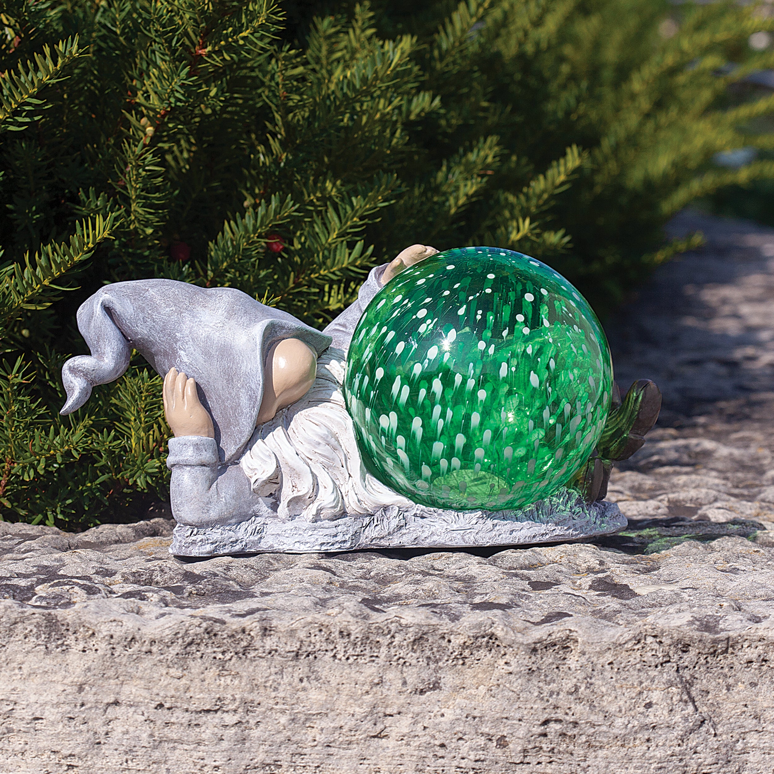 Solar Gnome with Green Gazing Ball Garden Statue