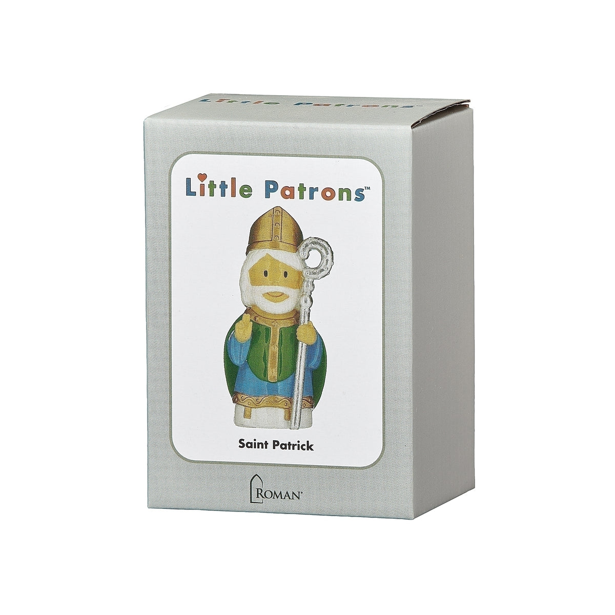 St. Patrick Little Patrons figure shown on its white product gift box
