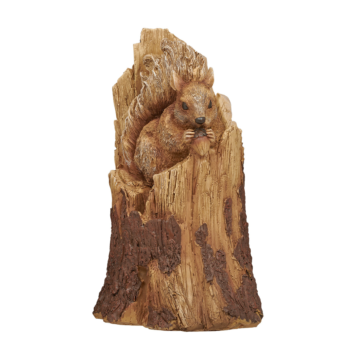 Front angled view of Squirrel in Tree Trunk Garden Statue showing the squirrel, acorn, bushy tail, and textured bark