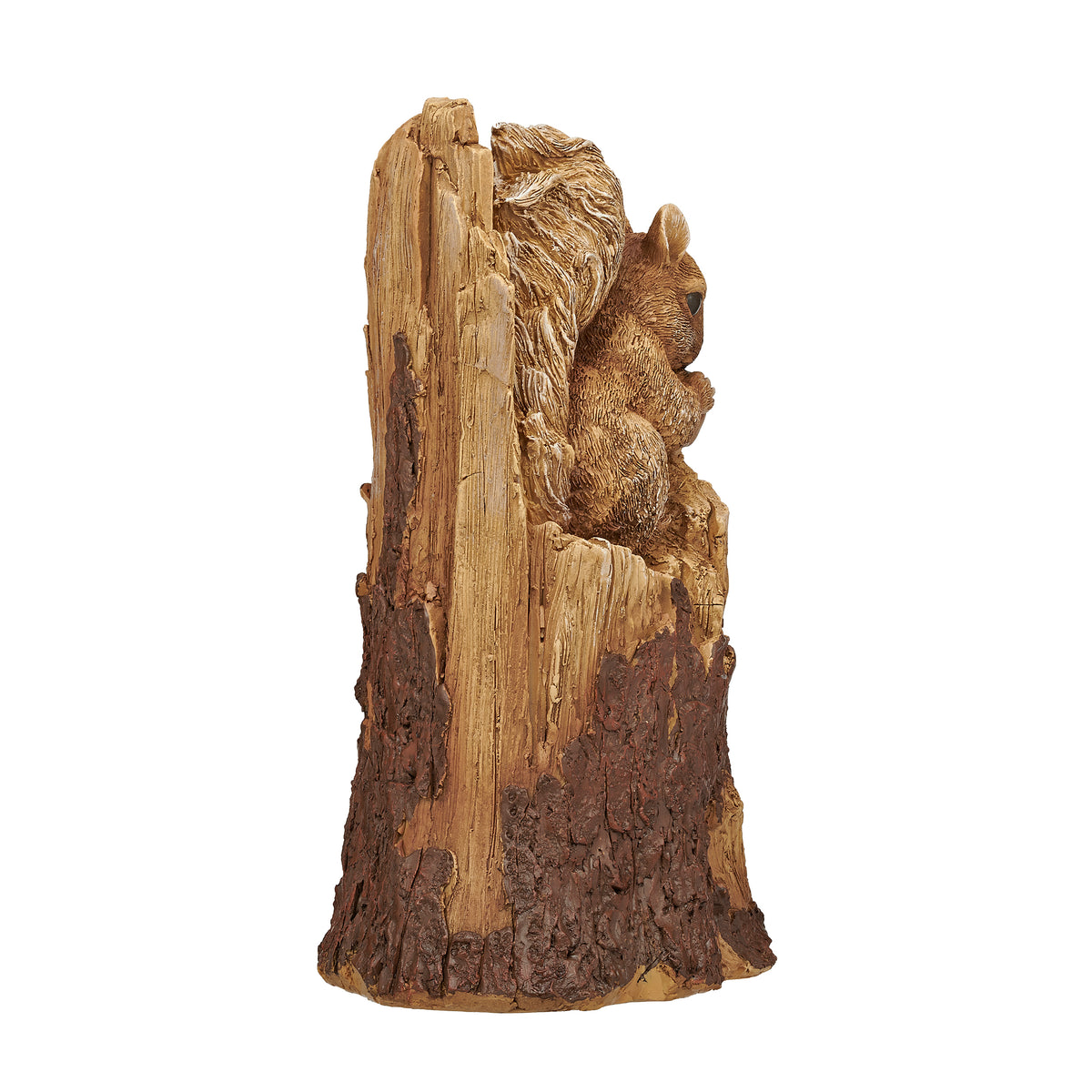 Side view of Squirrel in Tree Trunk Garden Statue showing the squirrel tucked into the hollow tree trunk