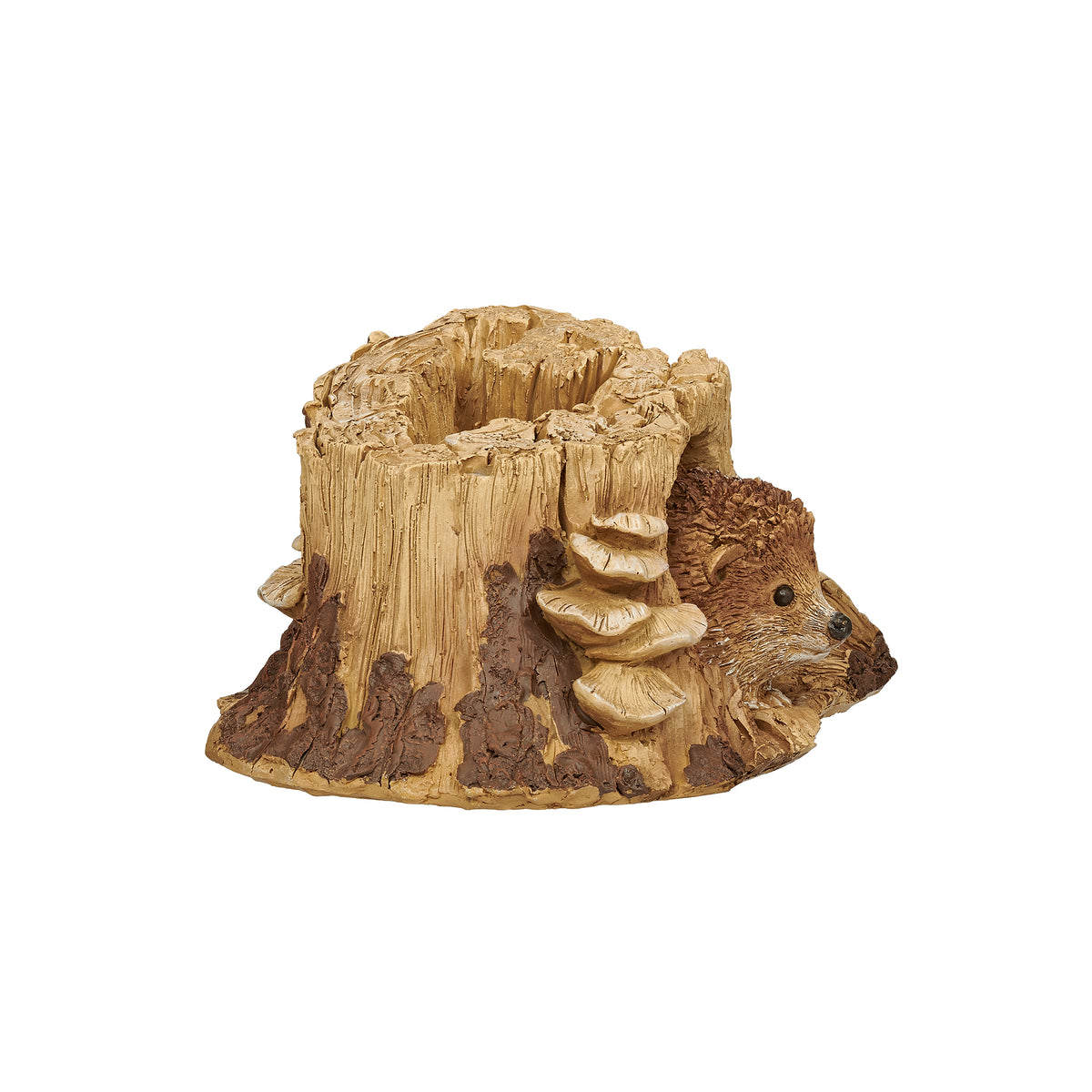 Side view of Hedgehog in Tree Stump Garden Statue showing the hedgehog, textured bark, and mushroom accents