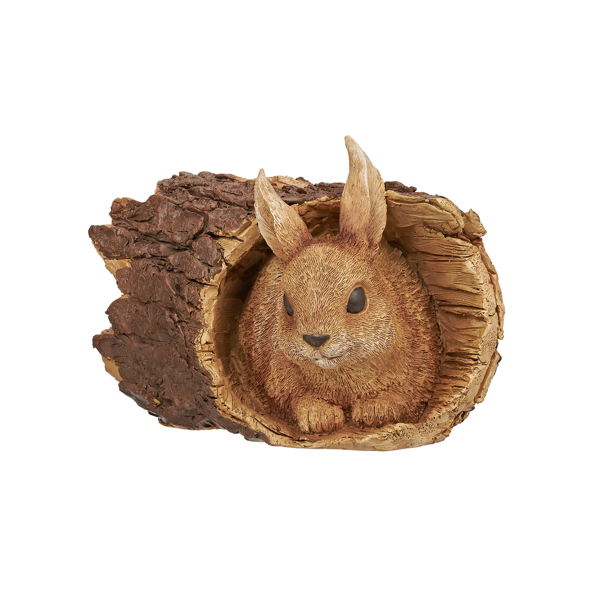 Front view of Bunny in Tree Trunk Garden Statue showing the rabbit resting inside the hollow wood-look log
