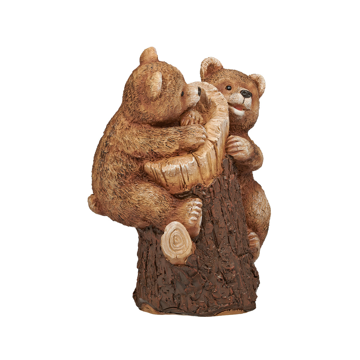 Side view of Bear Cubs Climbing Tree Garden Statue showing the two bear cubs clinging to the textured tree stump