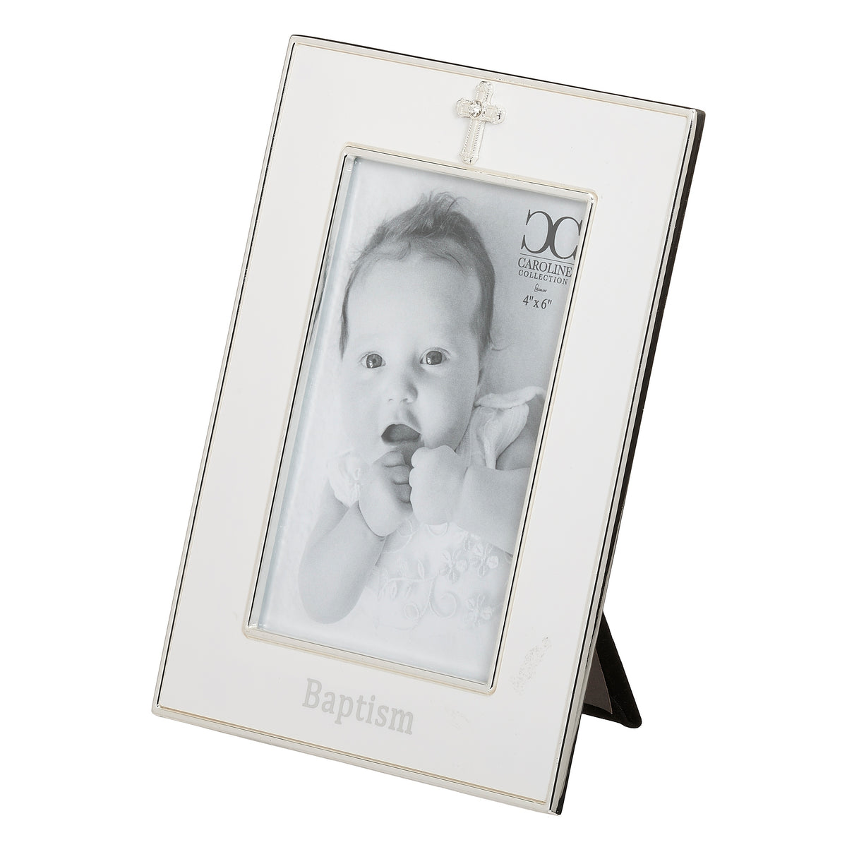 Front angled view of Caroline Collection Baptism Picture Frame showing the polished silver-tone border, baptism photo opening, and tabletop easel stand