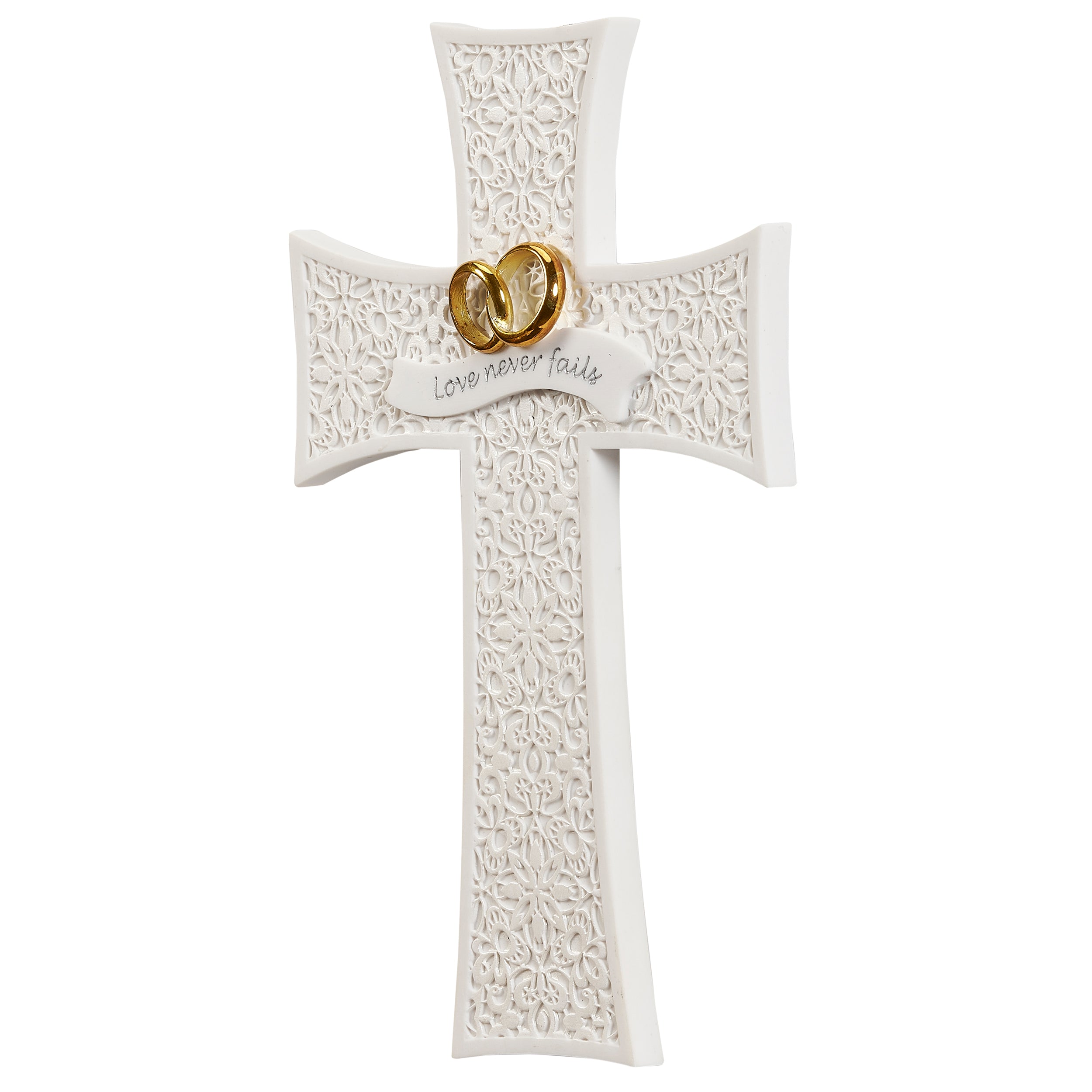 Wedding Wall Cross with Interlocking Rings & Love Never Fails Inscription