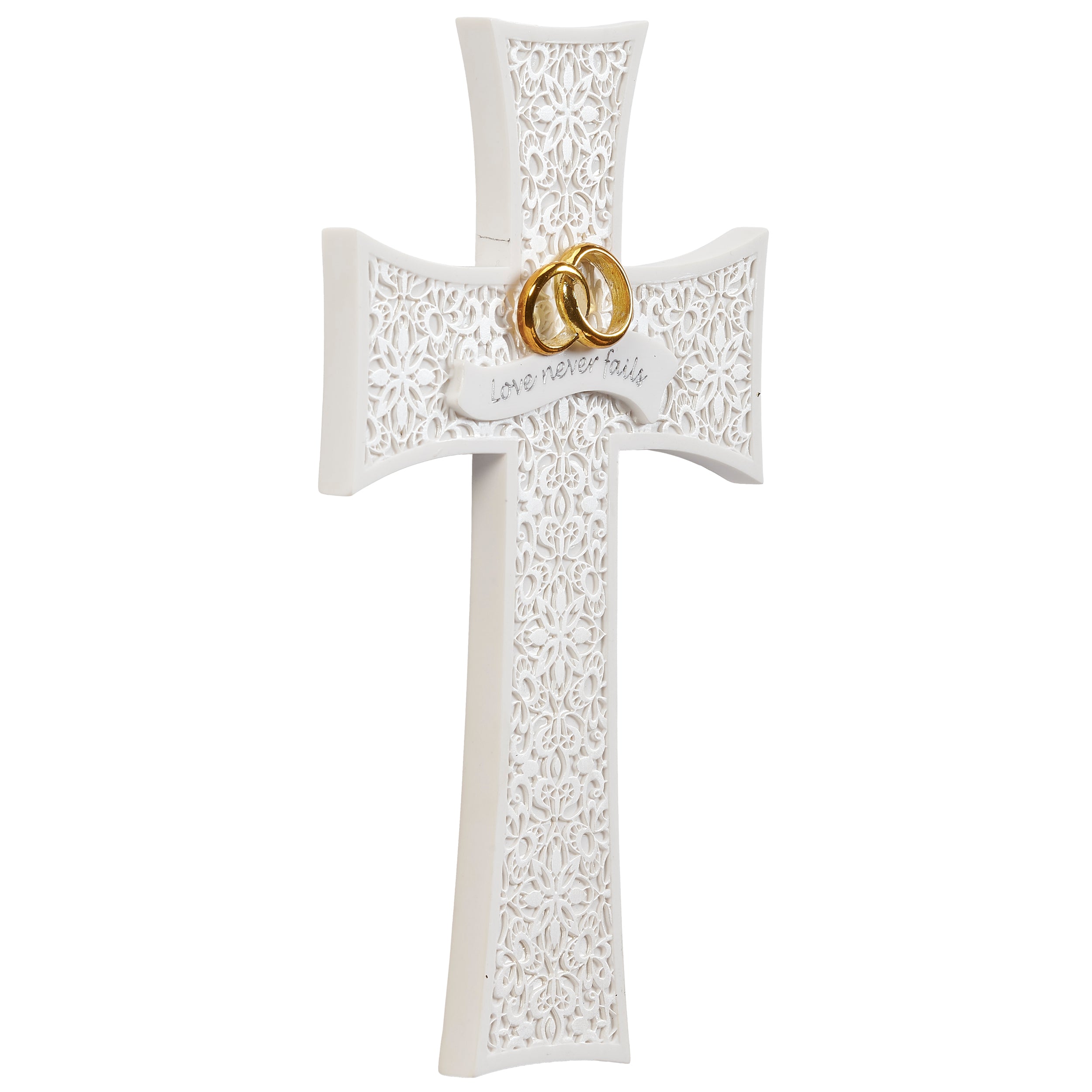 Wedding Wall Cross with Interlocking Rings & Love Never Fails Inscription