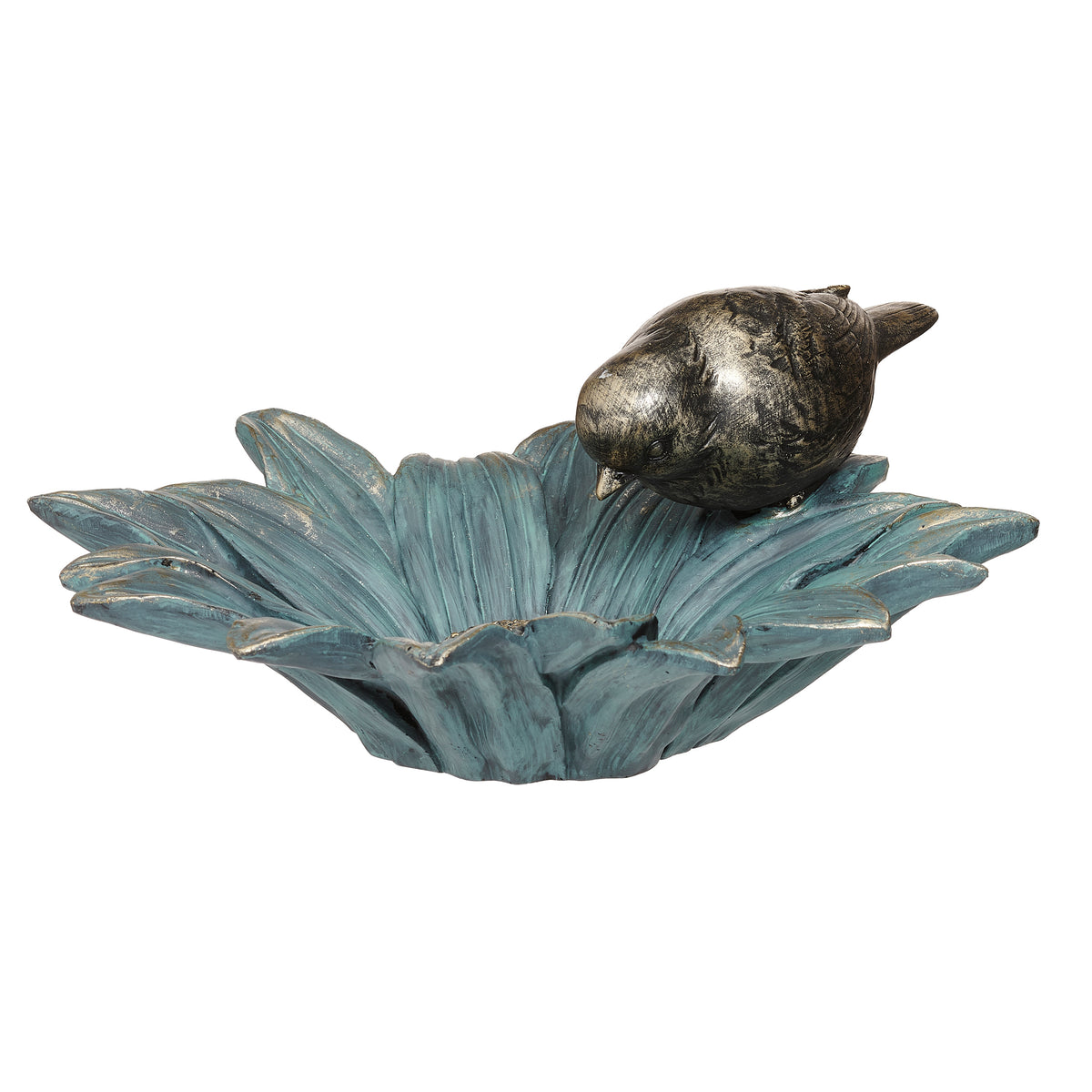 Rear angled view of Bird on Sunflower Bird Feeder showing the bird and layered sunflower-shaped feeder tray