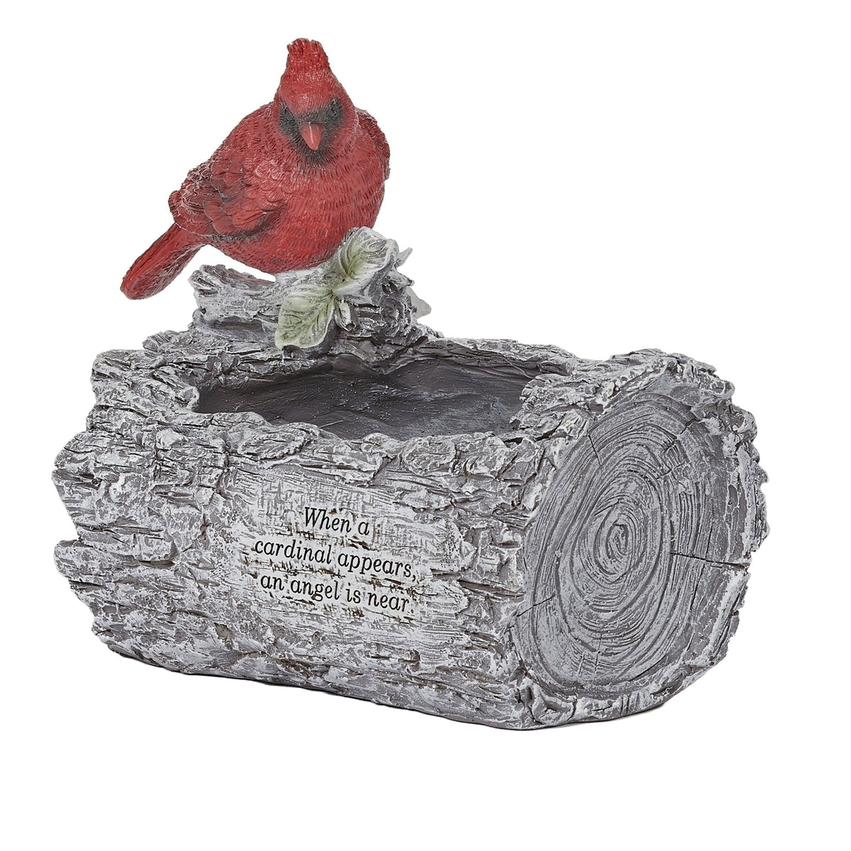 Opposite side view of Cardinal Memorial Log Planter showing the red cardinal and textured log-style design