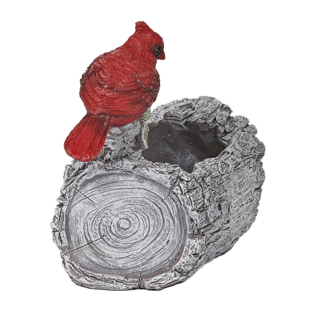 End view of Cardinal Memorial Log Planter showing the circular log detail and perched red cardinal
