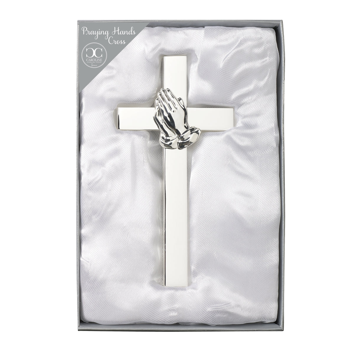 Caroline Collection silver praying hands wall cross displayed in gift packaging