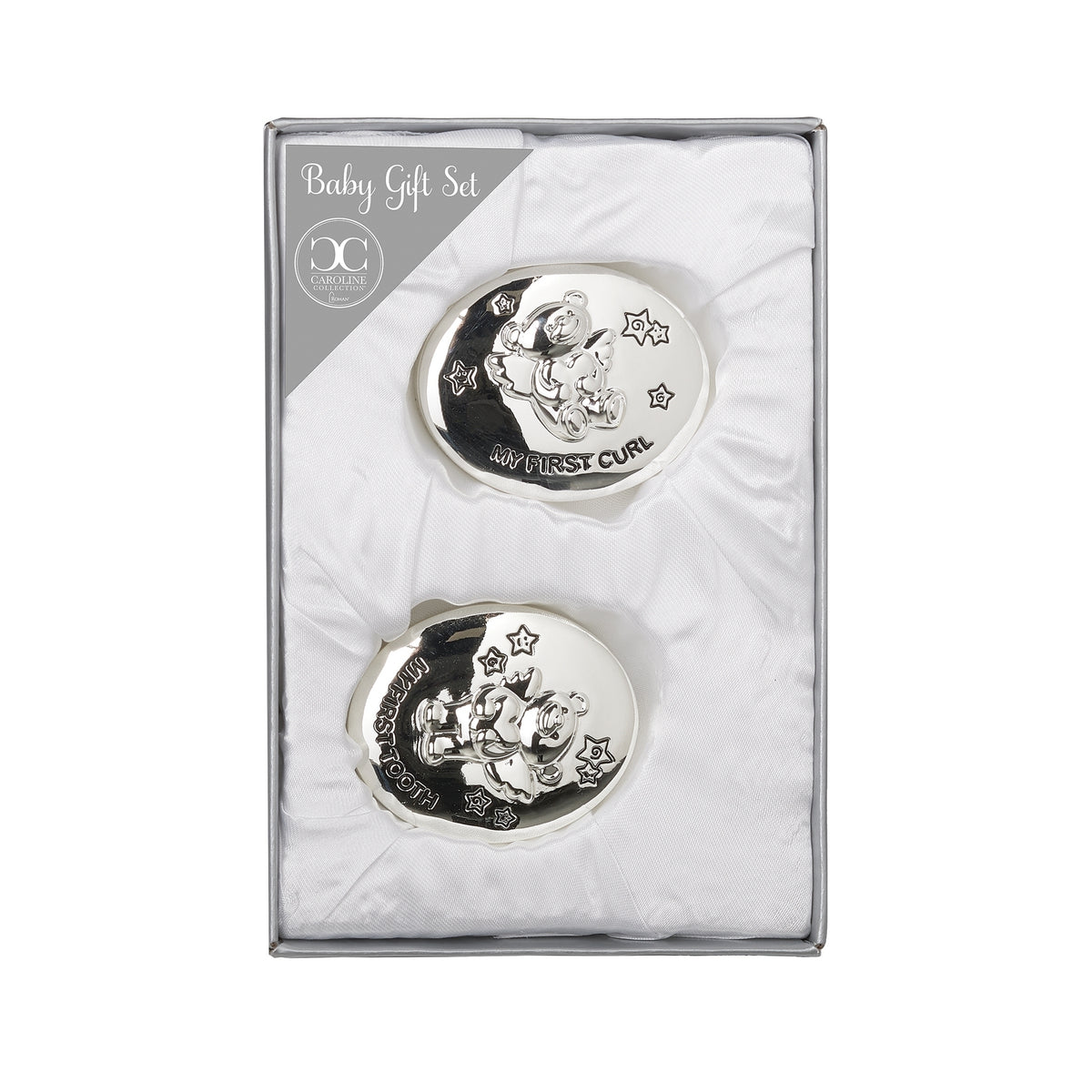 Caroline Collection My First Tooth & Curl Keepsake Box Set displayed in presentation packaging with both silver-tone keepsake boxes visible