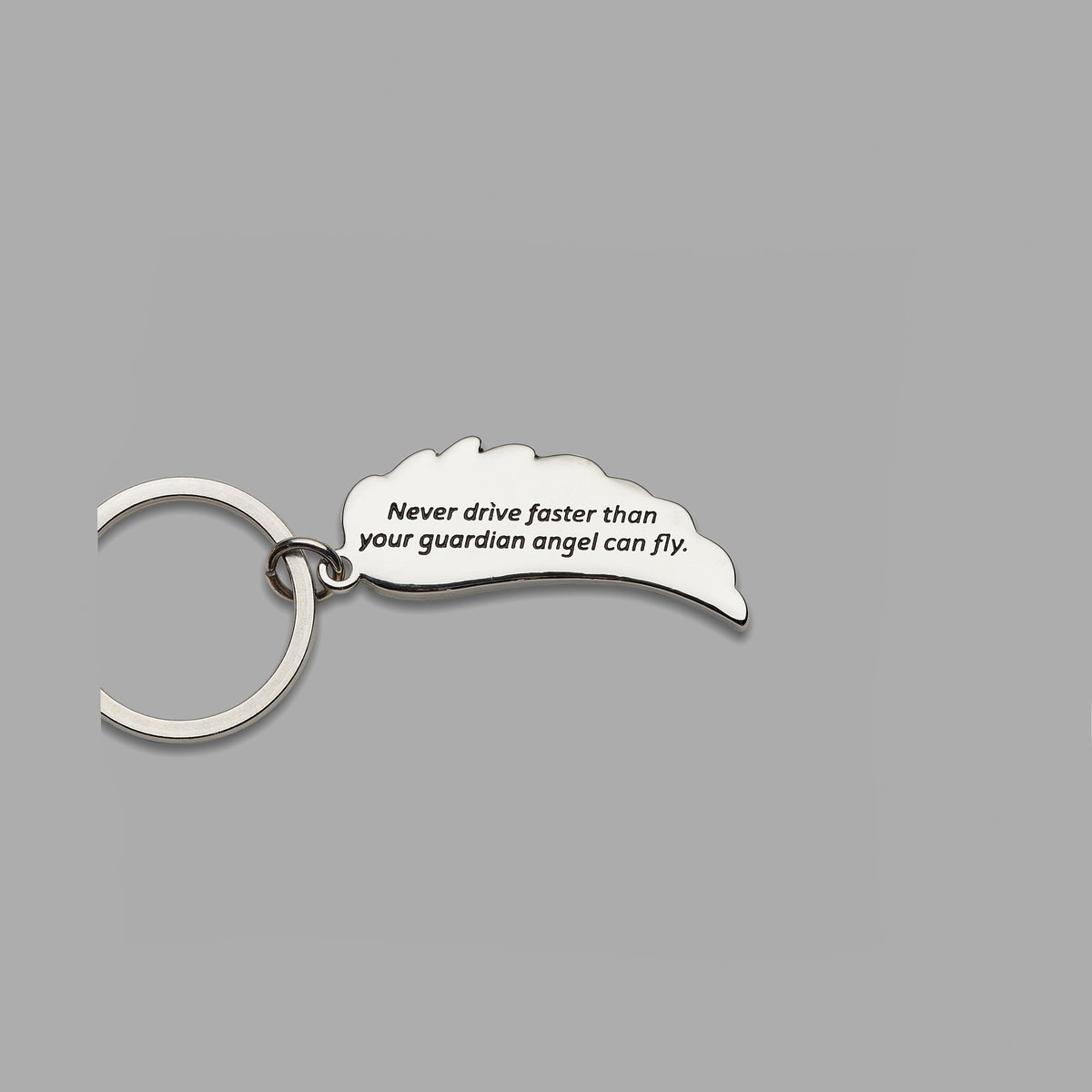 Silver-tone guardian angel wing keychain with engraved inspirational message