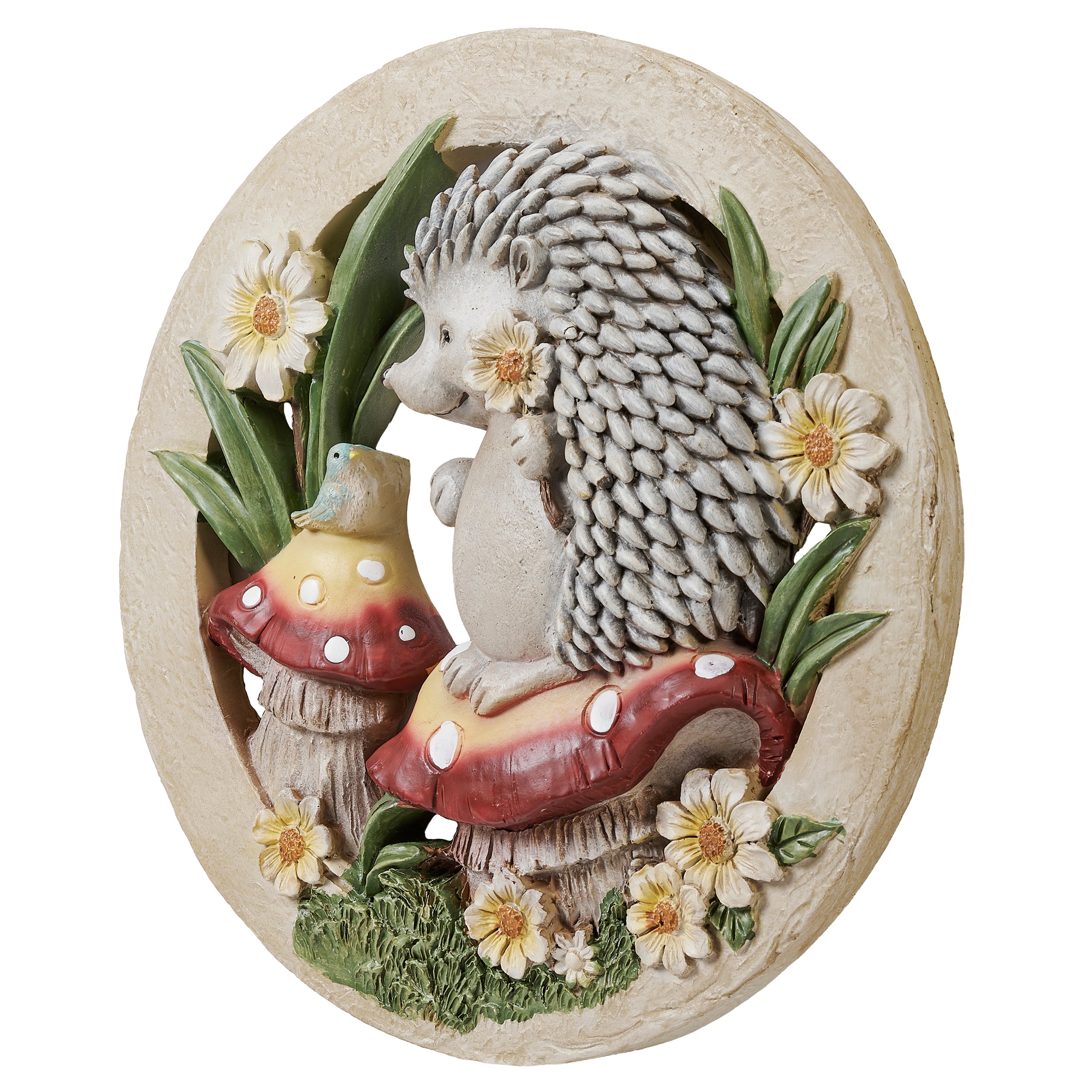 Hedgehog with Mushrooms & Daisies Garden Stone