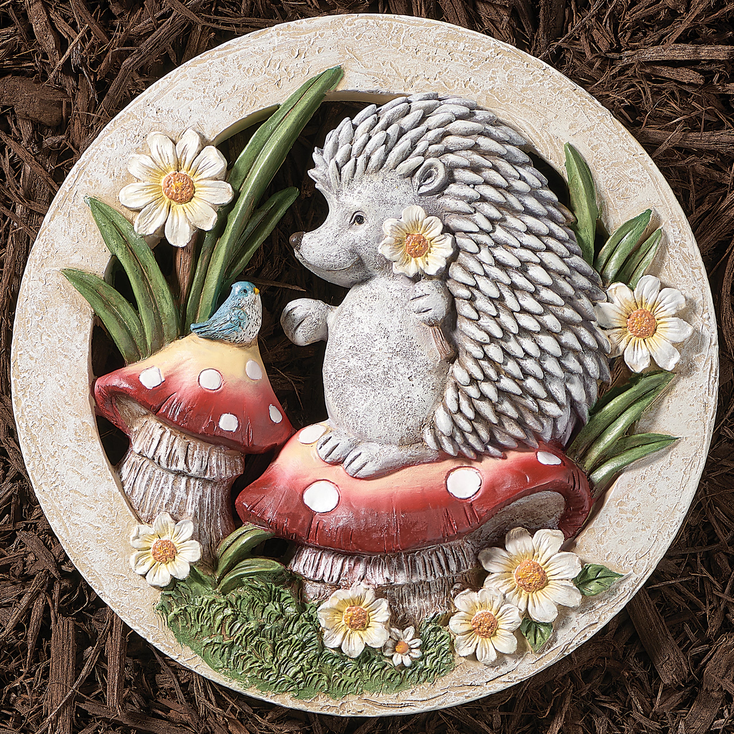 Hedgehog with Mushrooms & Daisies Garden Stone