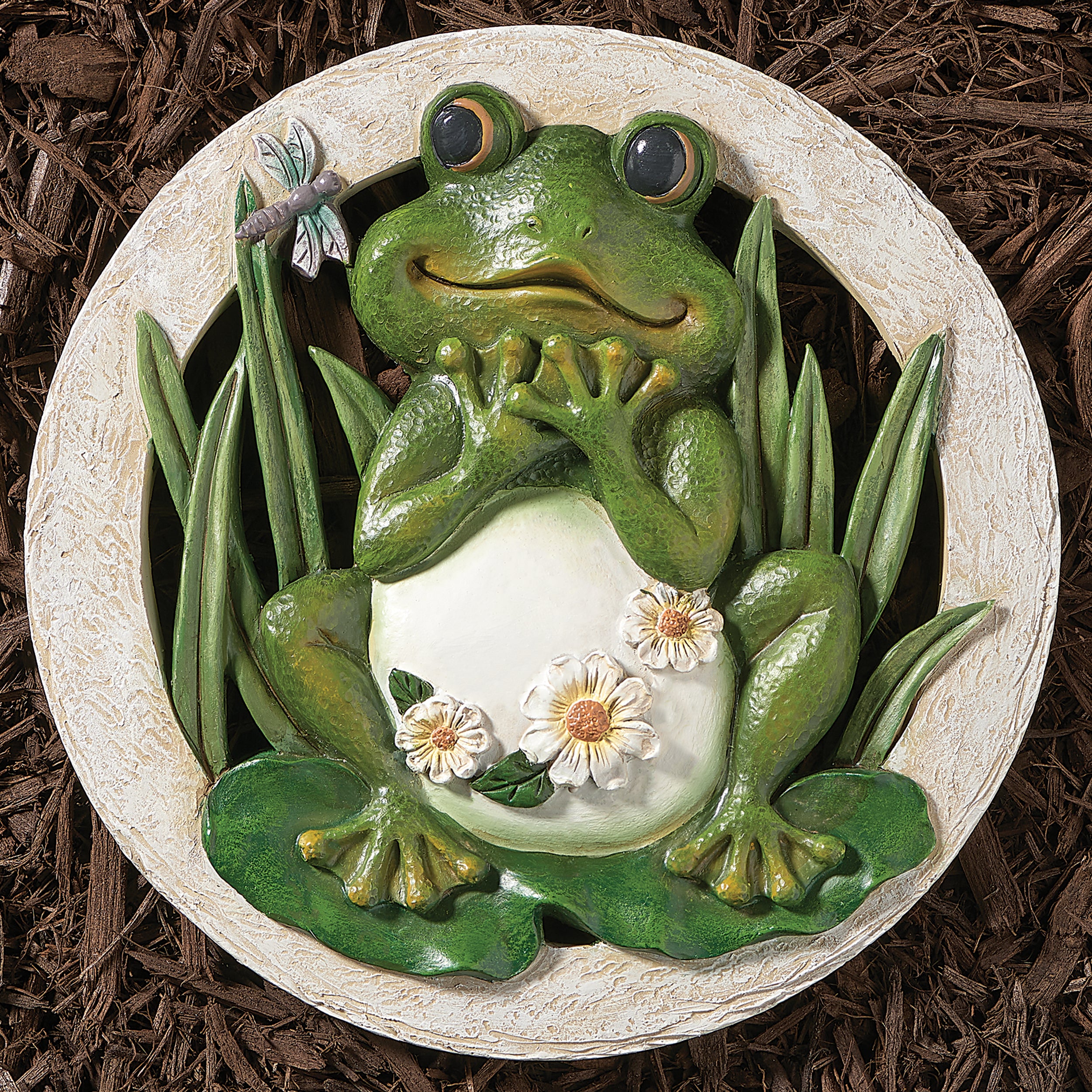 Frog with Daisies & Dragonfly Garden Stone