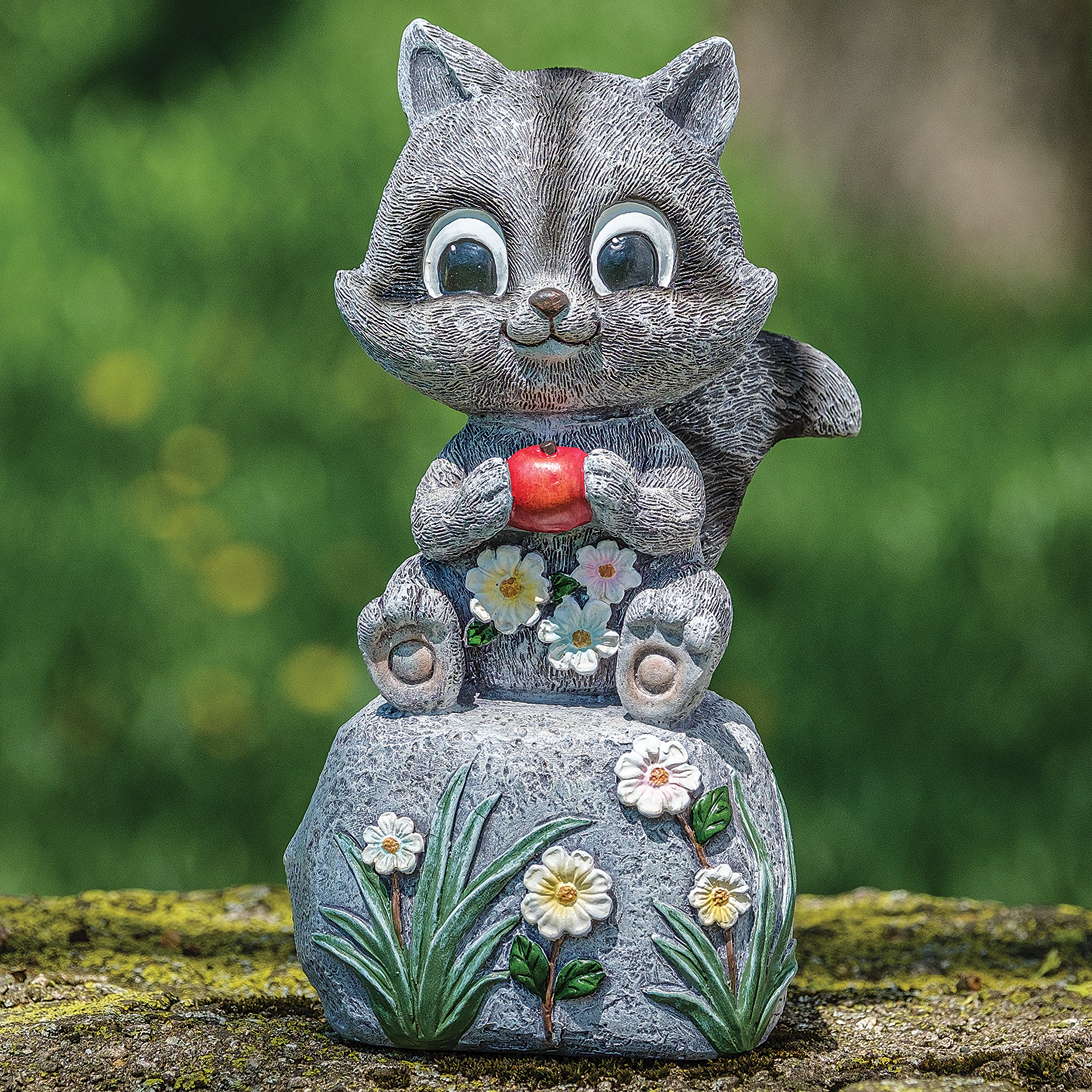 Raccoon on Stone Garden Statue with Floral Accents